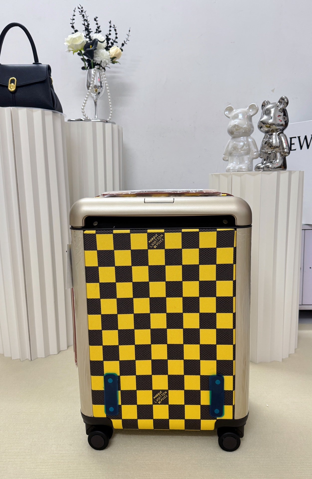 Vintage Yellow and Black Checkerboard Hardside Spinner Suitcase