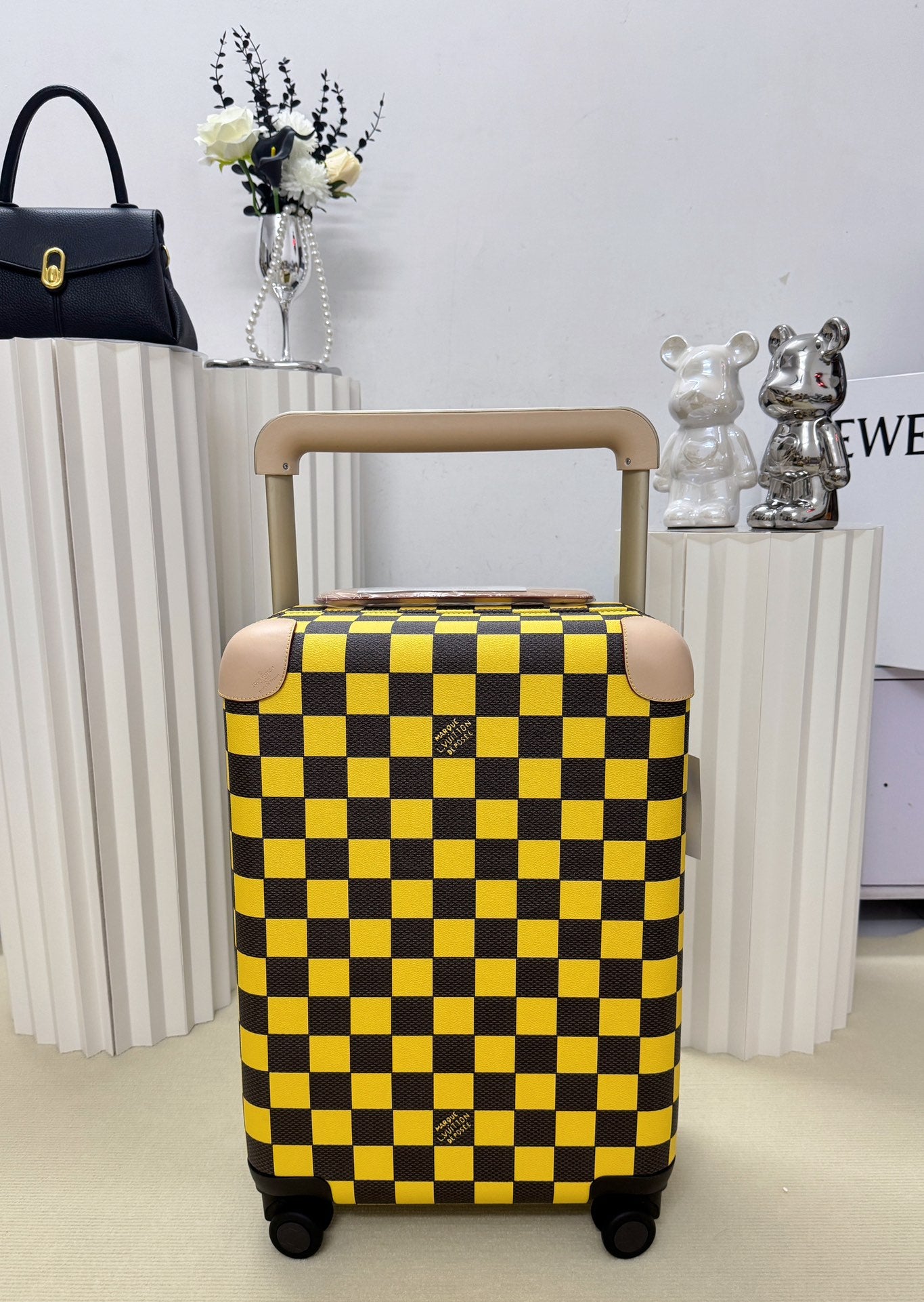 Vintage Yellow and Black Checkerboard Hardside Spinner Suitcase
