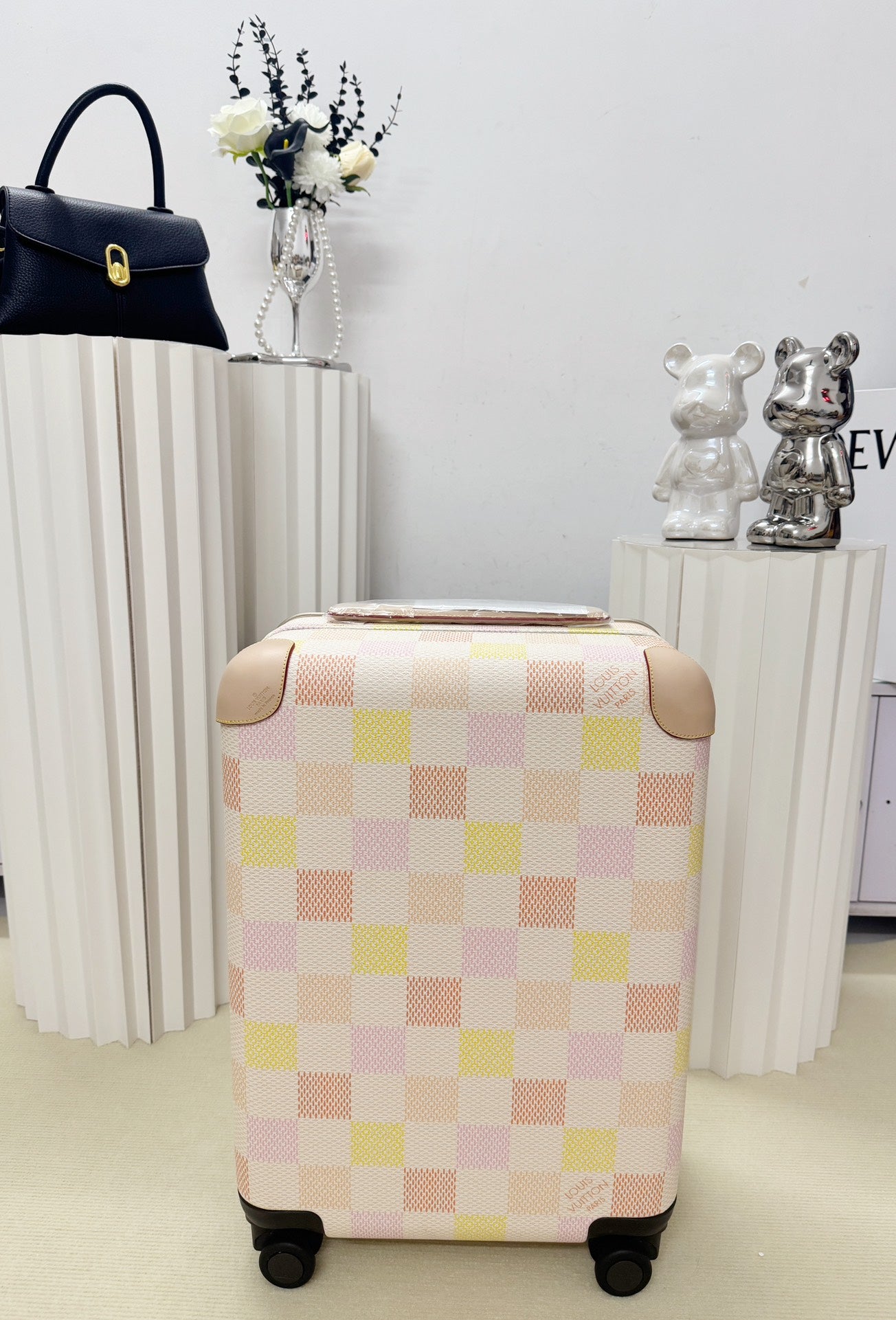 Pastel Pink and Yellow Checkered Hardshell Spinner Luggage Suitcase