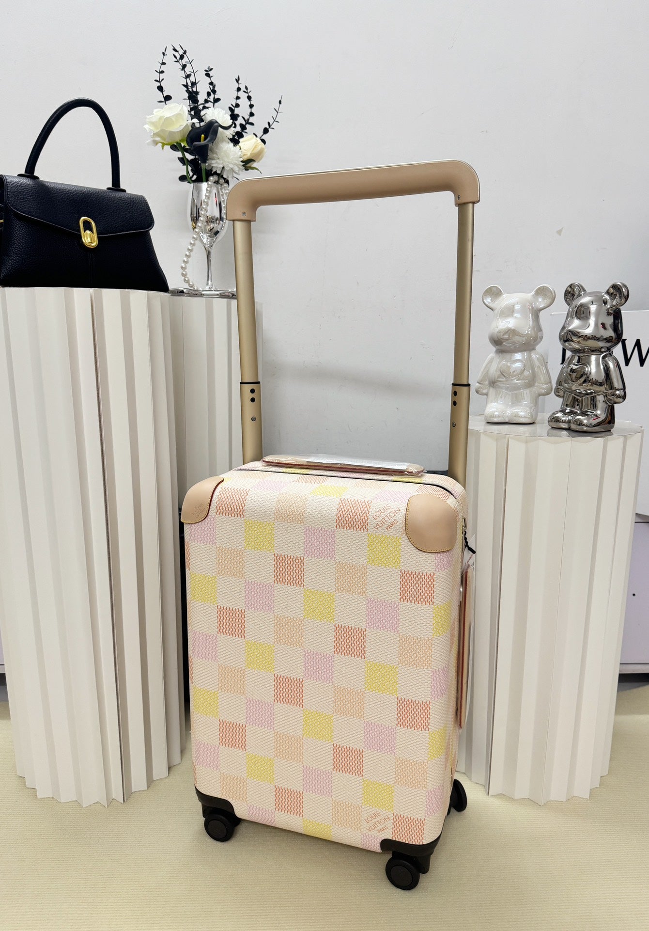 Pastel Pink and Yellow Checkered Hardshell Spinner Luggage Suitcase
