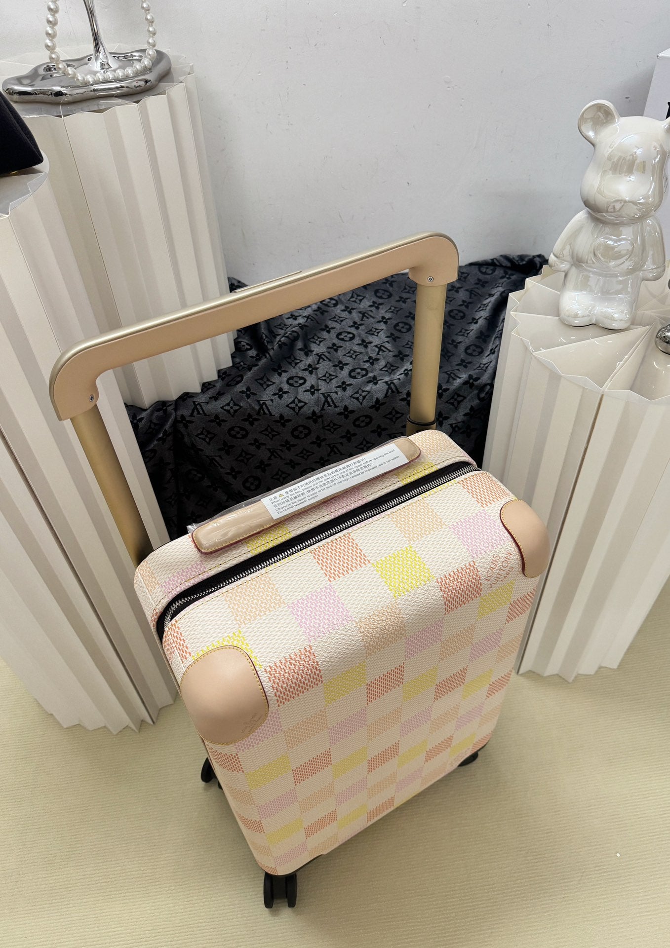 Pastel Pink and Yellow Checkered Hardshell Spinner Luggage Suitcase
