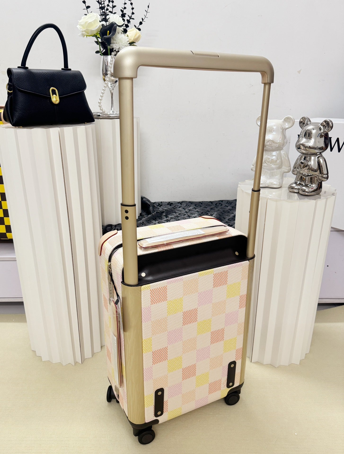 Pastel Pink and Yellow Checkered Hardshell Spinner Luggage Suitcase