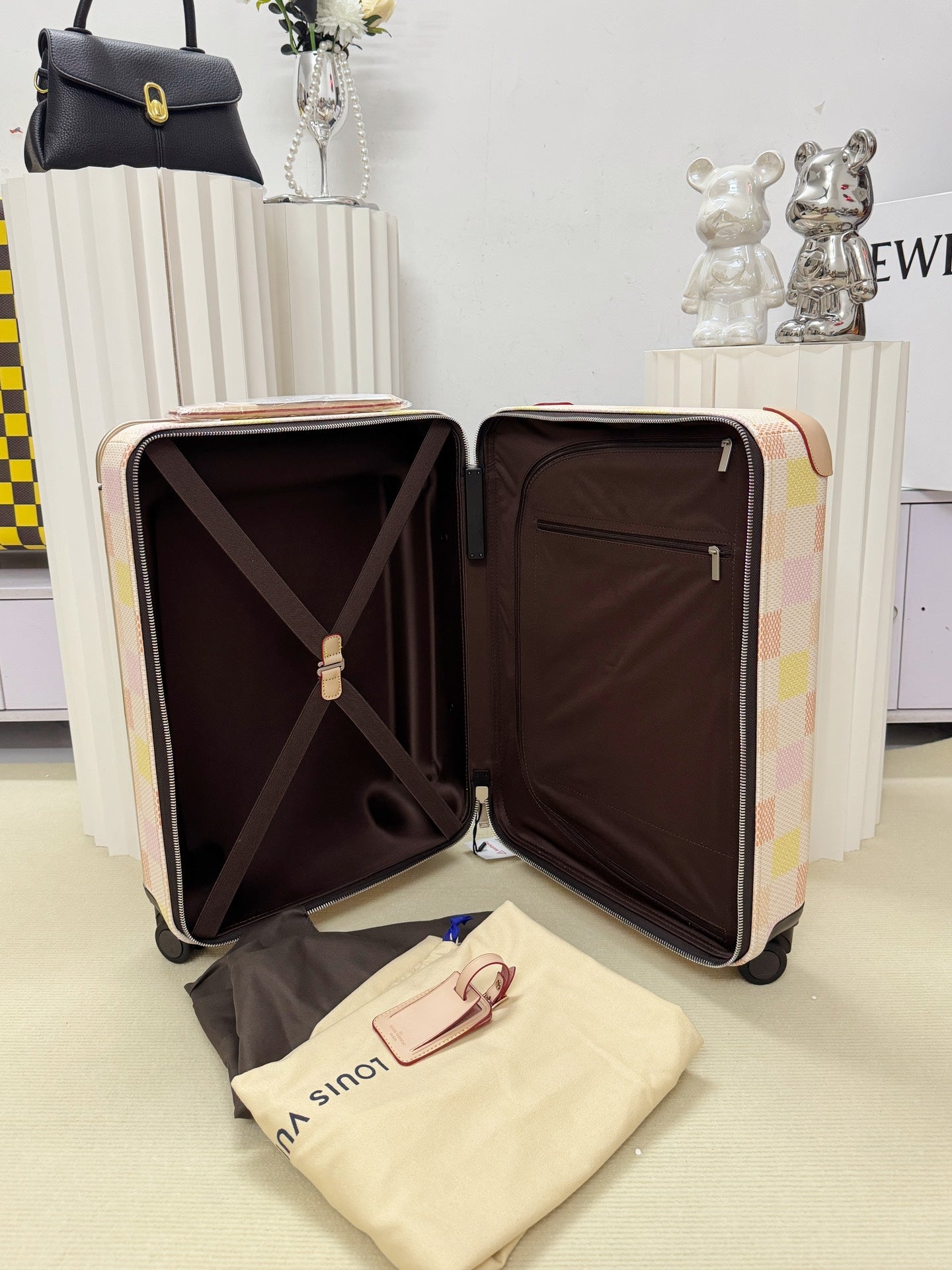 Pastel Pink and Yellow Checkered Hardshell Spinner Luggage Suitcase