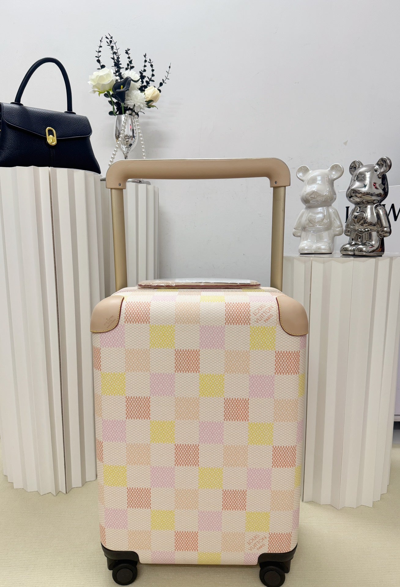 Pastel Pink and Yellow Checkered Hardshell Spinner Luggage Suitcase