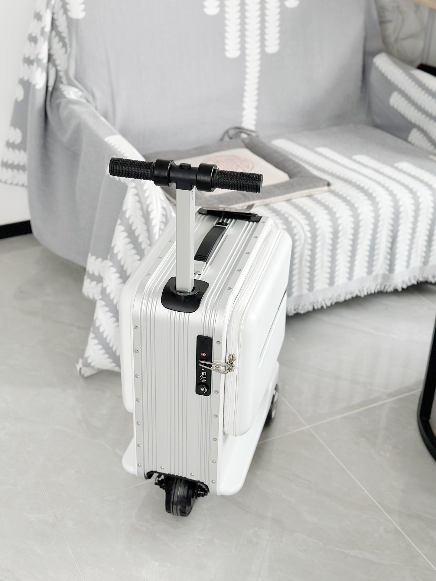 White Electric Ride-On Scooter Suitcase Hardshell Carry-On Luggage