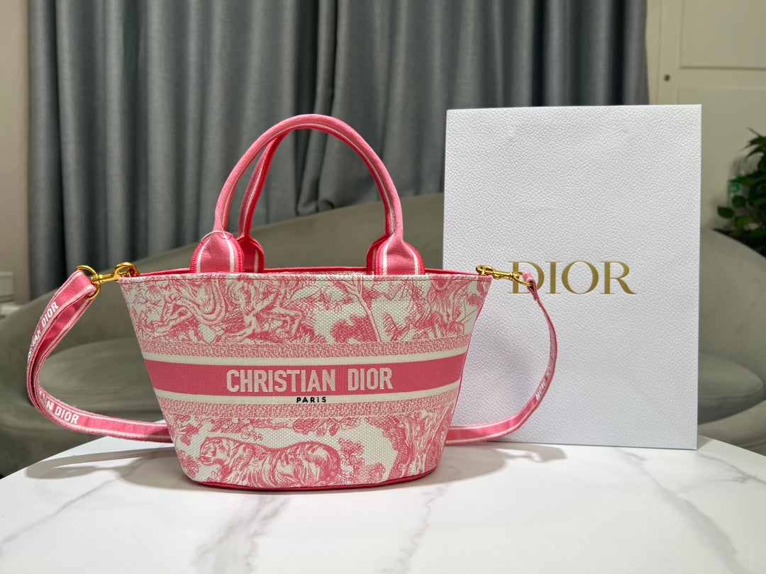 Dior Pink Embroidered Toile de Jouy Canvas Tote Bag with Strap