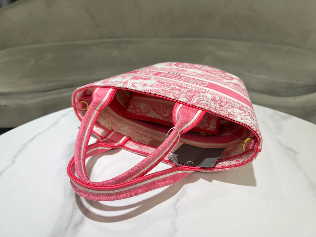 Dior Pink Embroidered Toile de Jouy Canvas Tote Bag with Strap