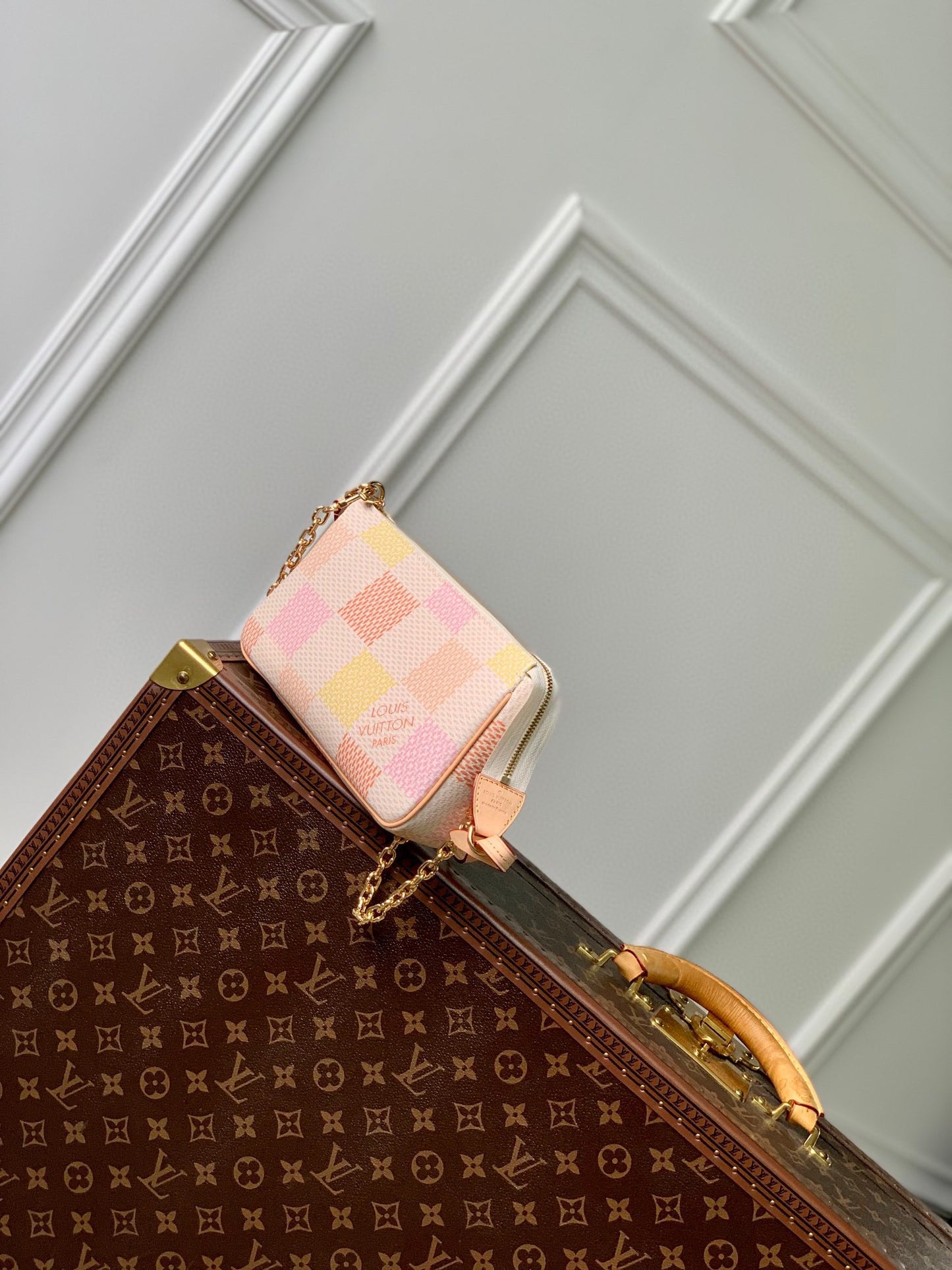 Louis Vuitton Pastel Checkered Canvas Pochette Bag with Gold Chain Strap