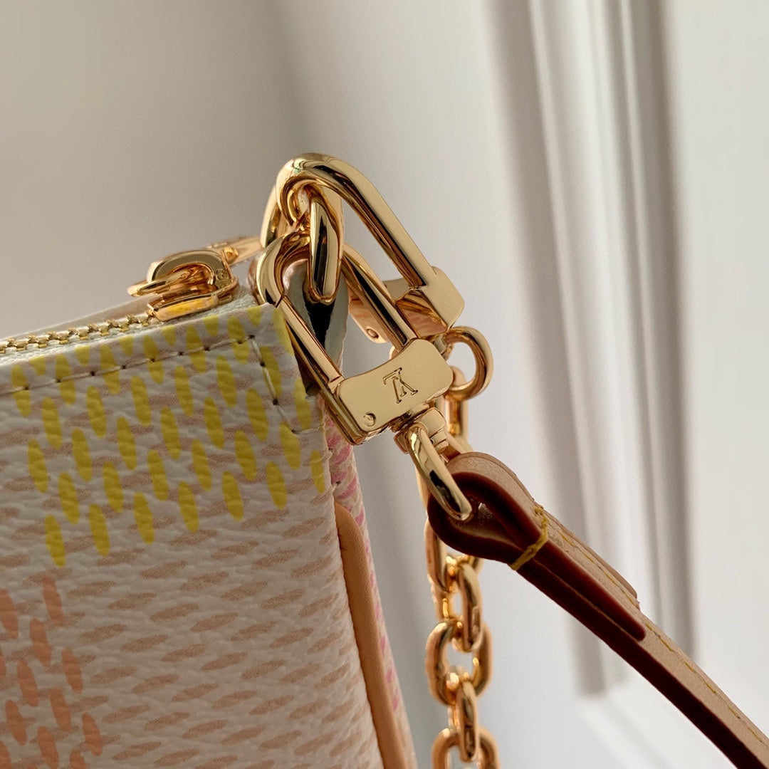 Louis Vuitton Pastel Checkered Canvas Pochette Bag with Gold Chain Strap