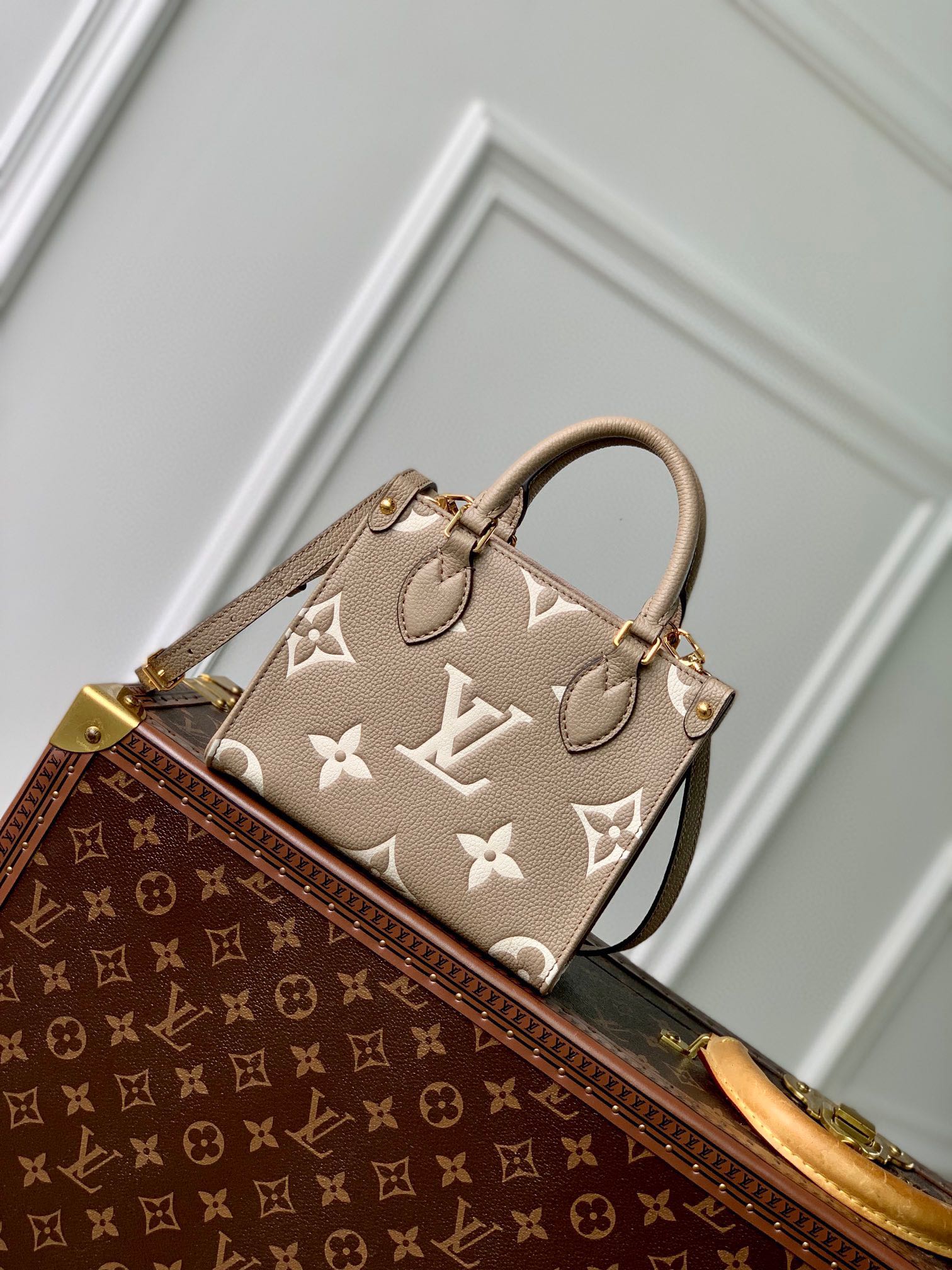 Louis Vuitton Elegant Taupe Embossed Leather Mini Tote Bag with Top Handles