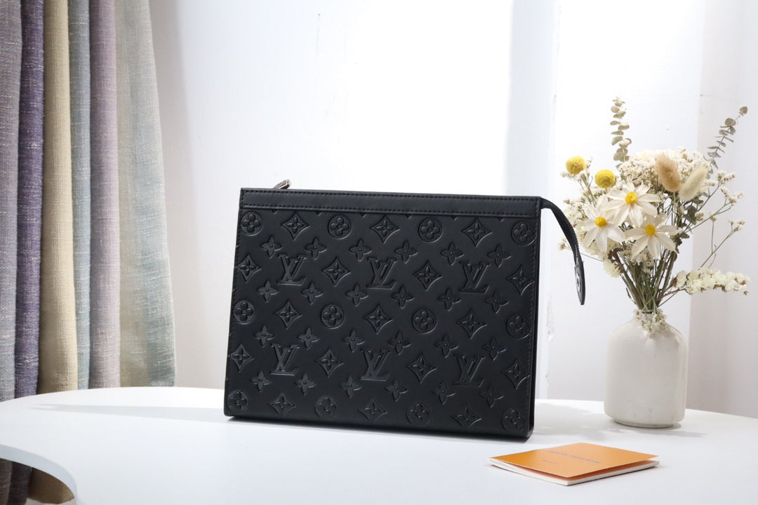 Louis Vuitton Elegant Black Embossed Monogram Leather Zip Clutch Pouch
