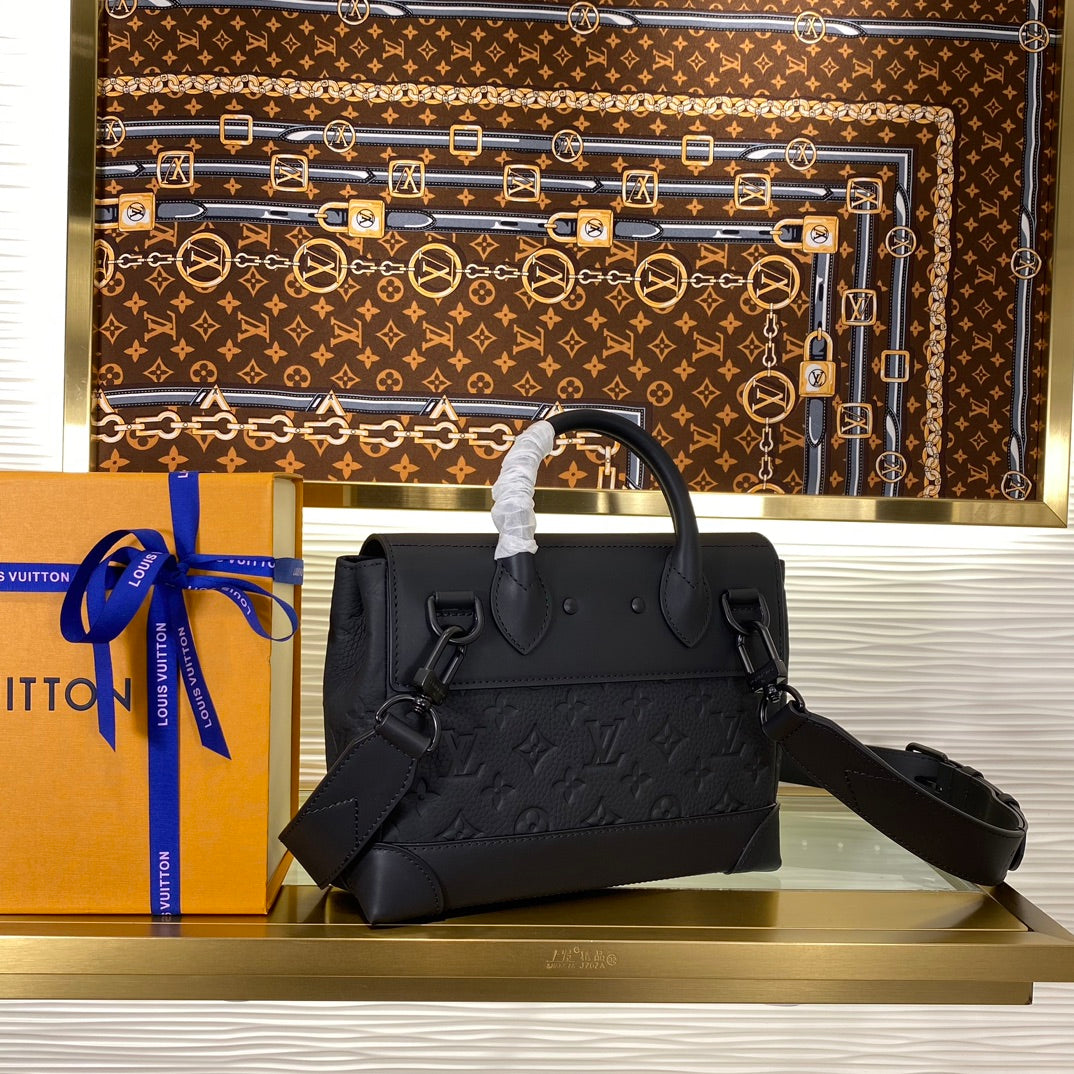 Louis Vuitton Elegant Black Monogram Embossed Leather Satchel Crossbody Bag