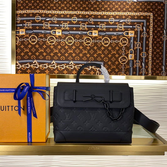 Louis Vuitton Elegant Black Monogram Embossed Leather Satchel Crossbody Bag