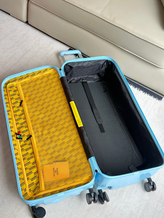 Modern Light Blue Hardside Spinner Suitcase with Yellow Interior Organizer