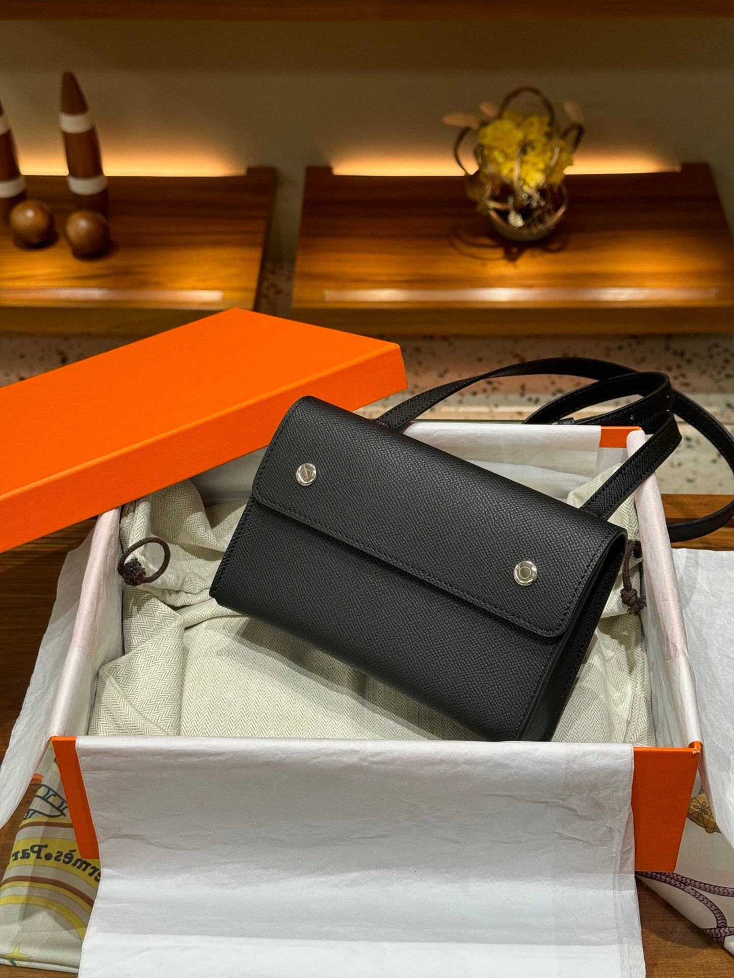 Epsom Leather Snap Wallet on Strap - Black with Silver Hardware