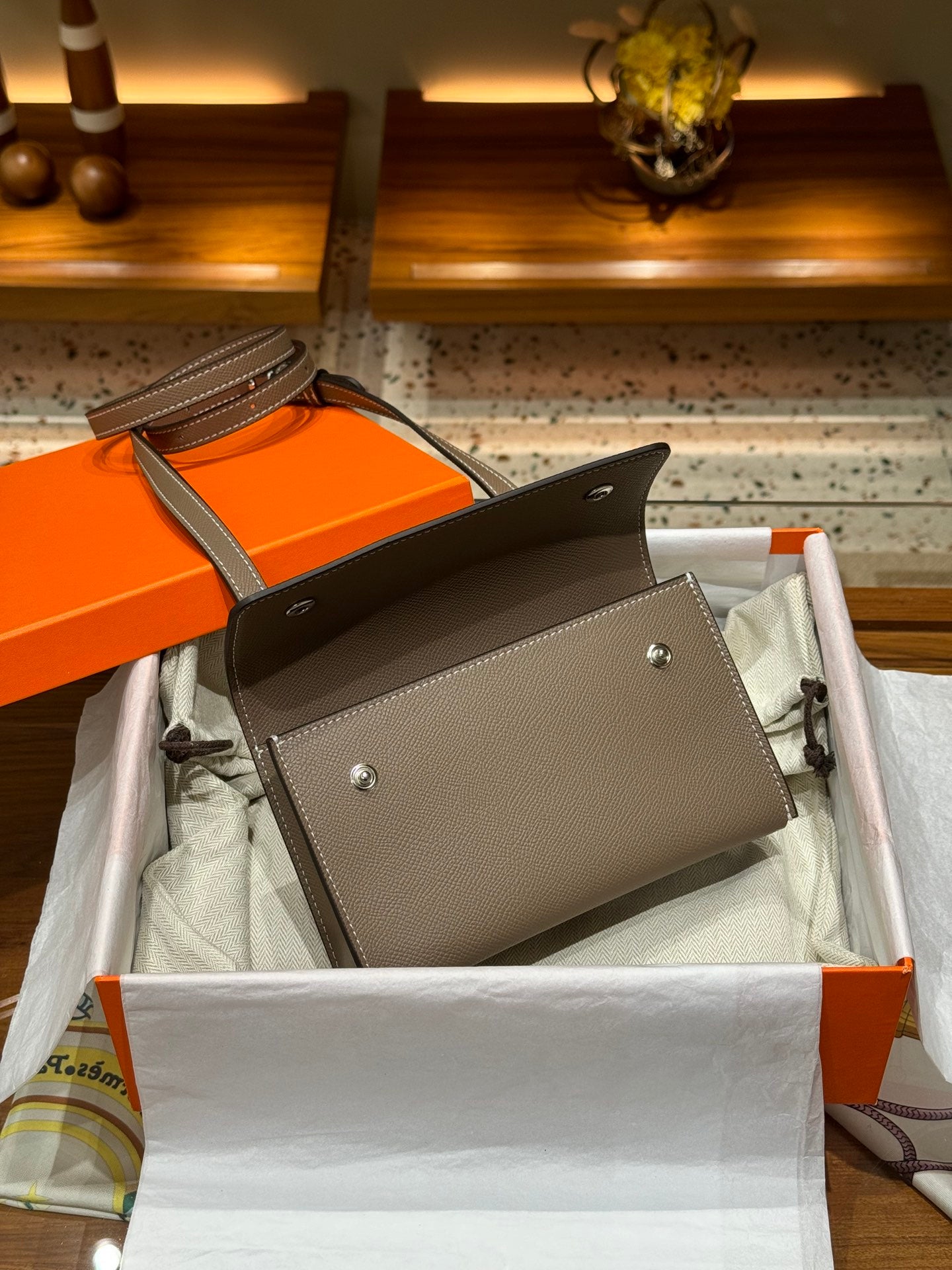 Epsom Leather Snap Wallet Crossbody Bag - Etoupe Gray with Silver Hardware