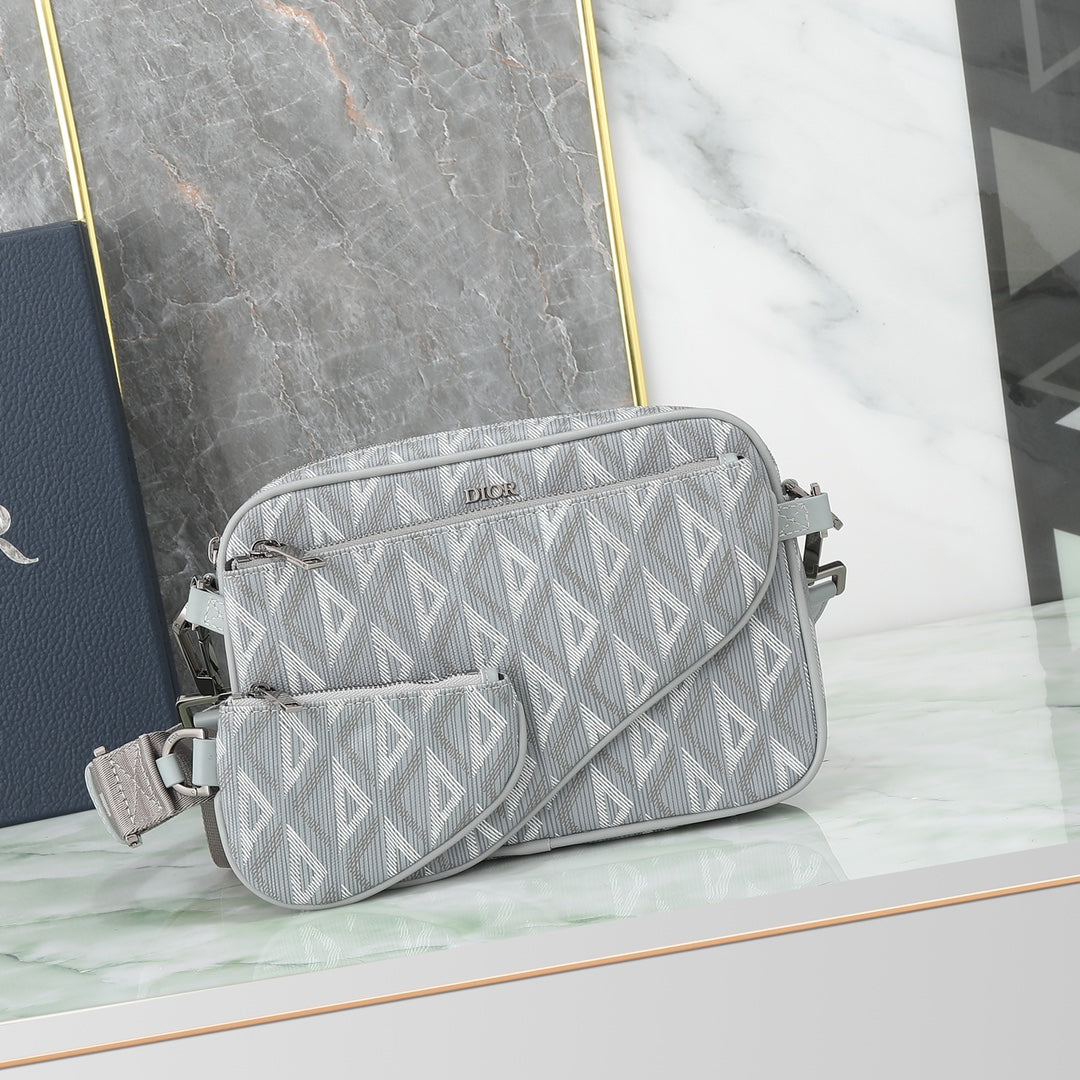 Dior Men's Grey CD Diamond Canvas Messenger Bag with Detachable Pouch