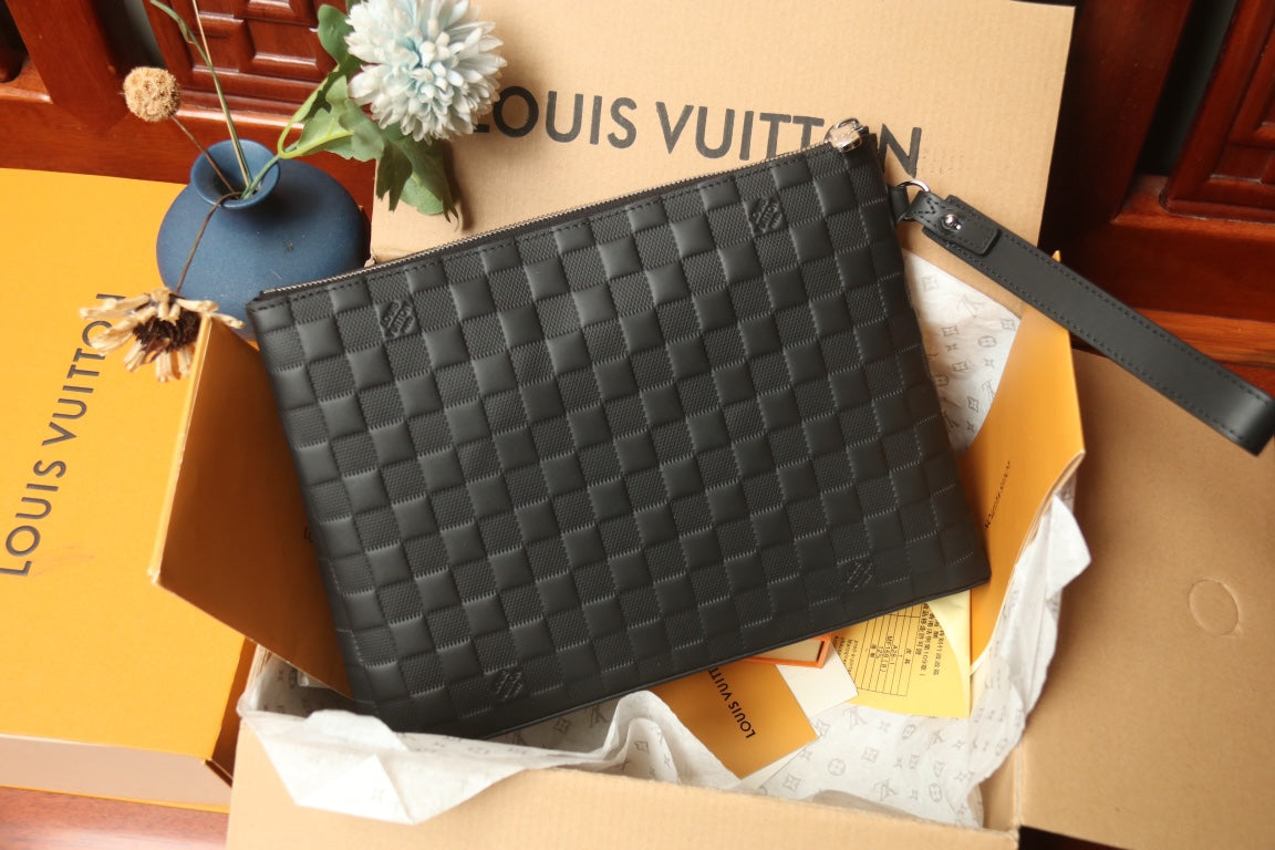 Louis Vuitton Black Checkerboard Embossed Leather Wristlet Clutch Bag