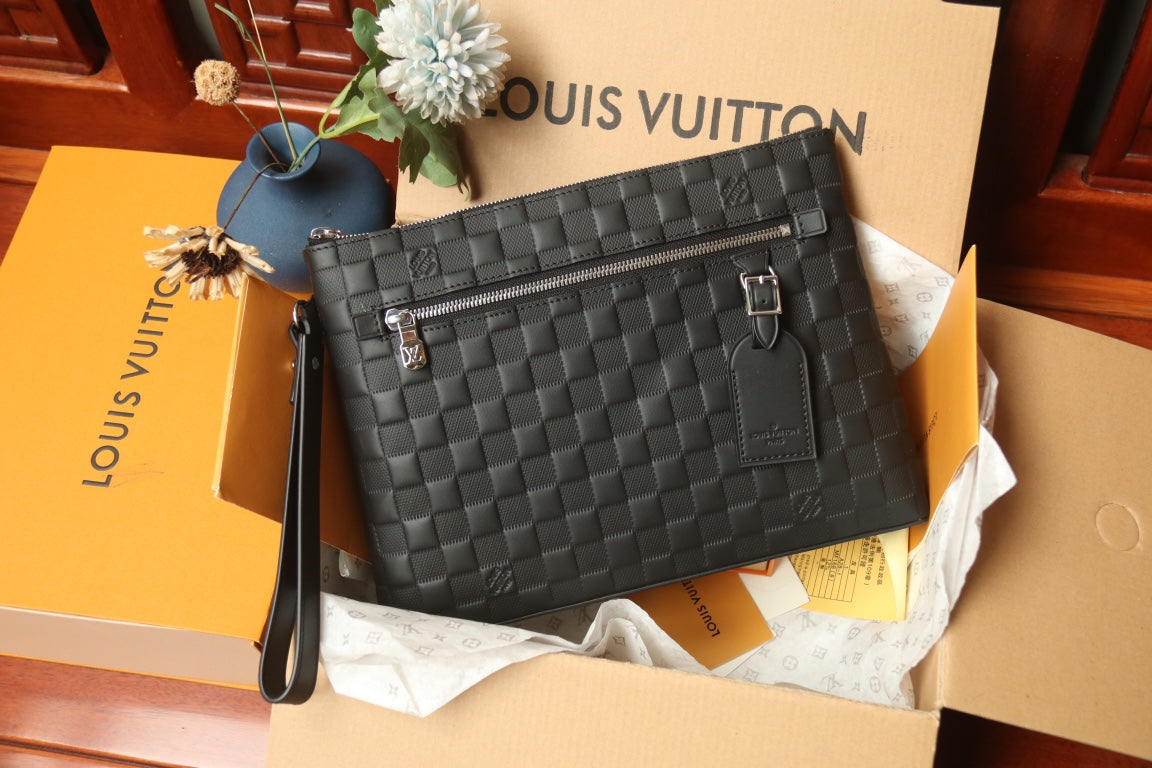 Louis Vuitton Black Checkerboard Embossed Leather Wristlet Clutch Bag