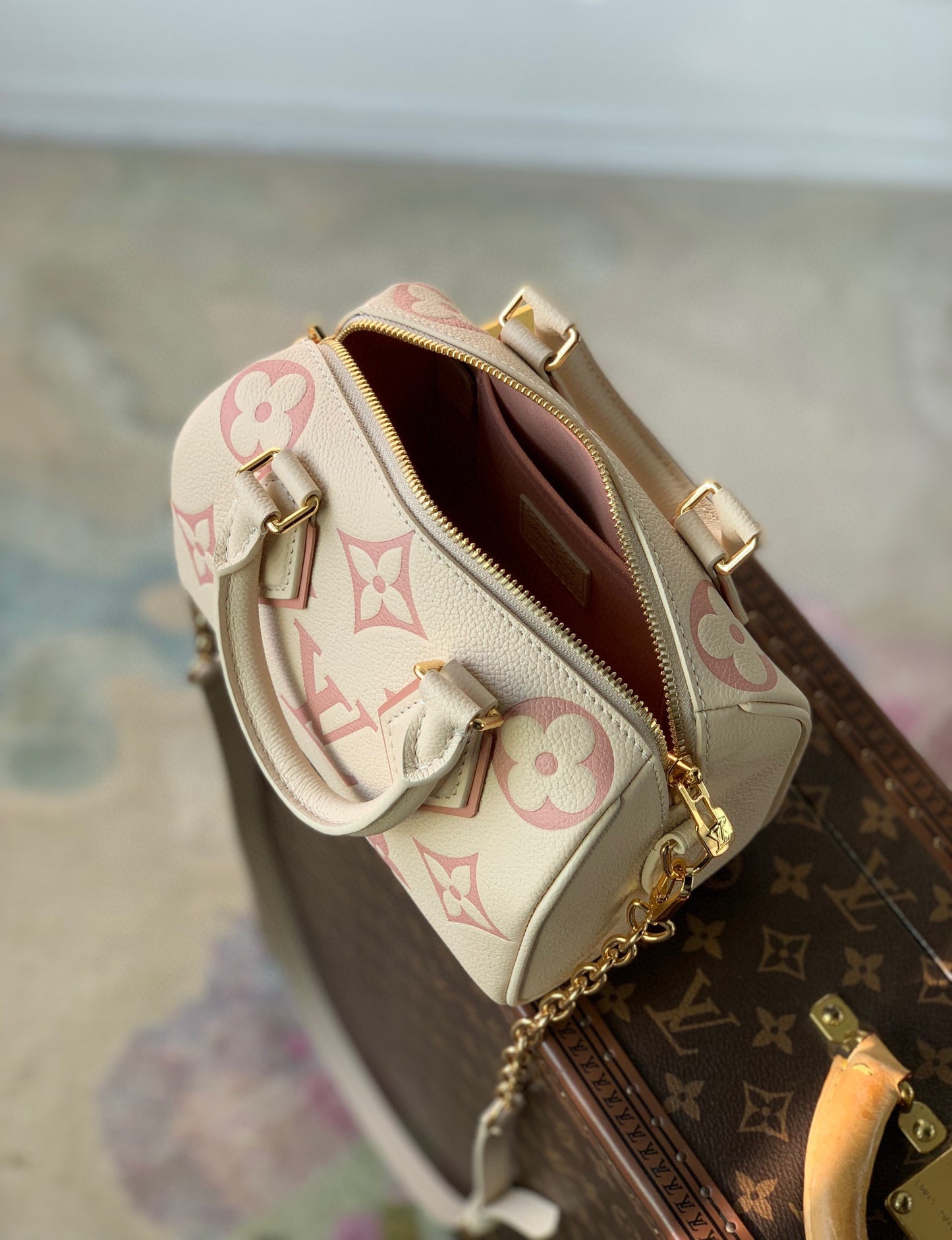 Louis Vuitton Cream and Pink Monogram Embossed Leather Mini Top Handle Bag