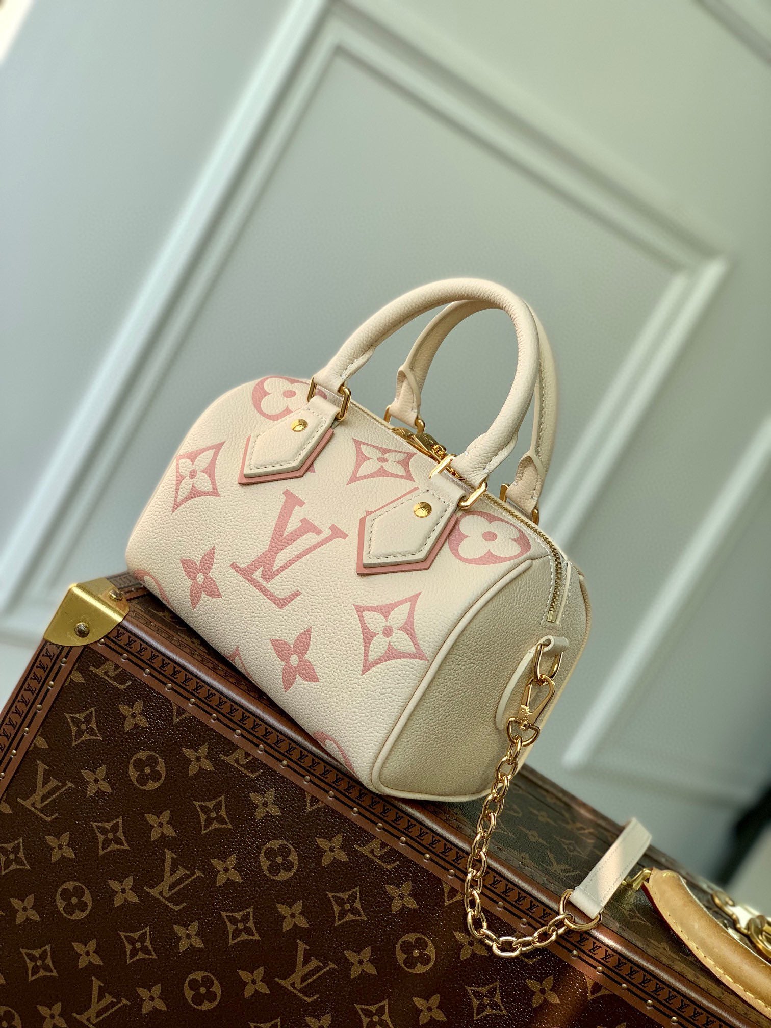 Louis Vuitton Cream and Pink Monogram Embossed Leather Mini Top Handle Bag