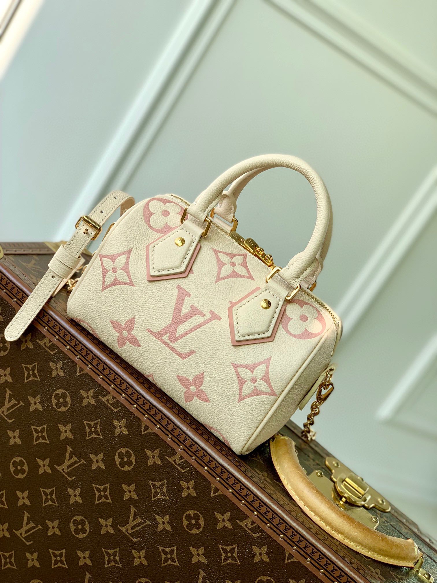 Louis Vuitton Cream and Pink Monogram Embossed Leather Mini Top Handle Bag