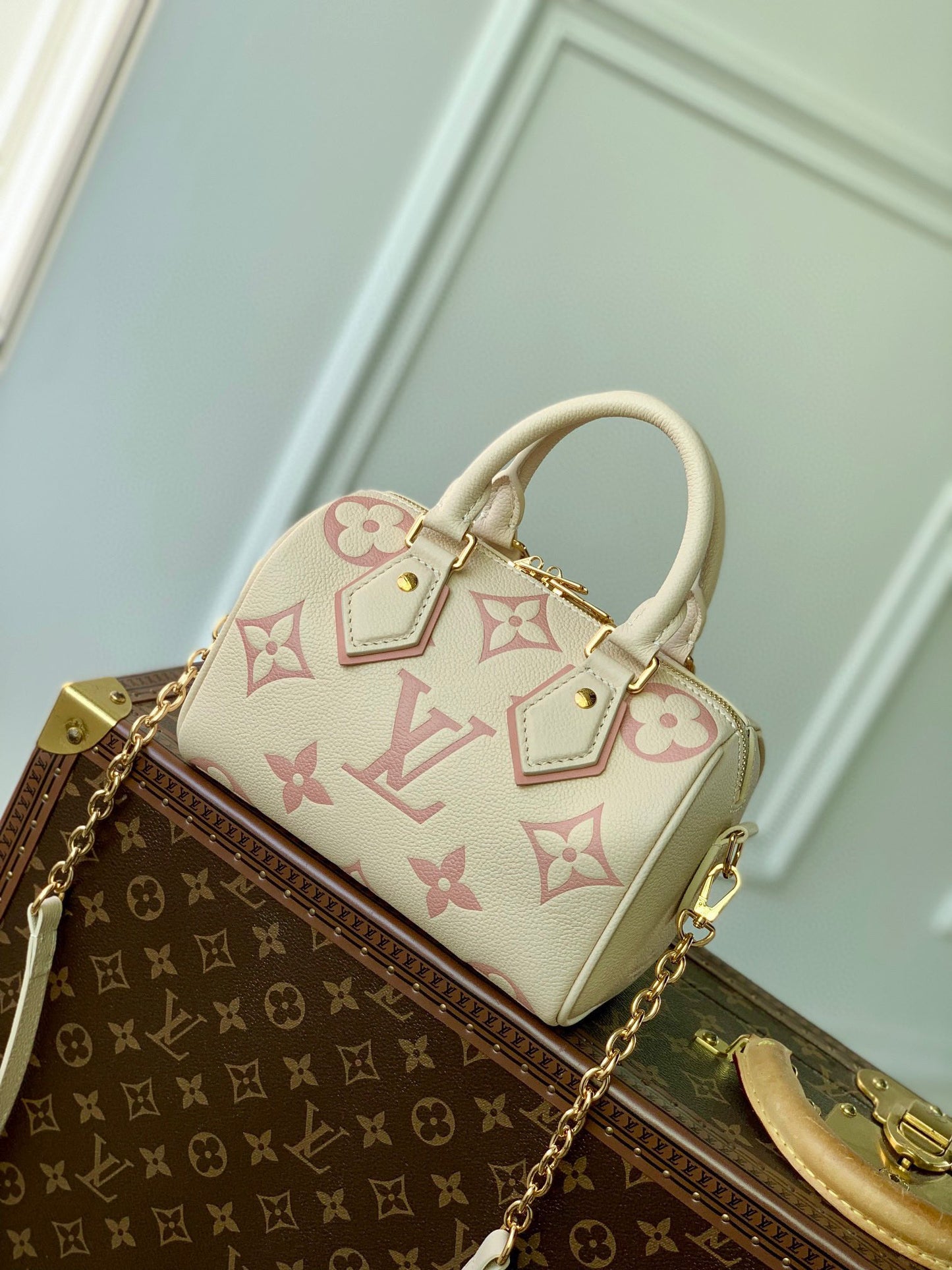 Louis Vuitton Cream and Pink Monogram Embossed Leather Mini Top Handle Bag