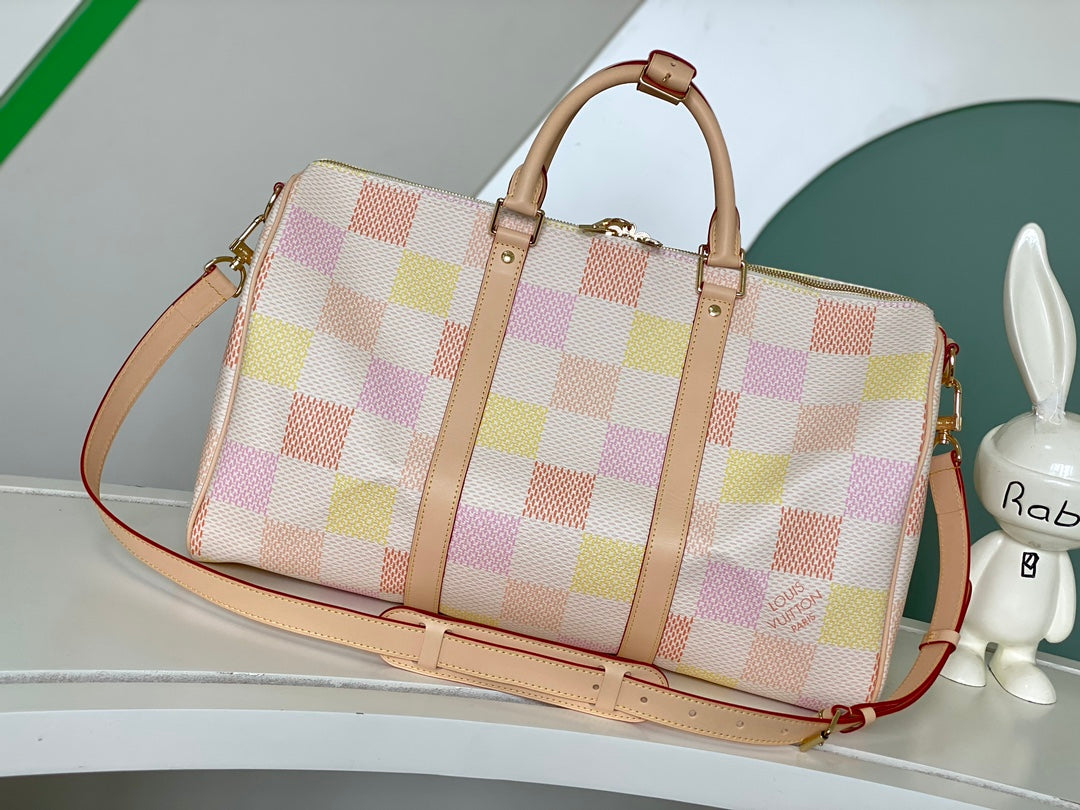Louis Vuitton Pastel Checkerboard Leather Duffle Bag Weekend Travel Handbag