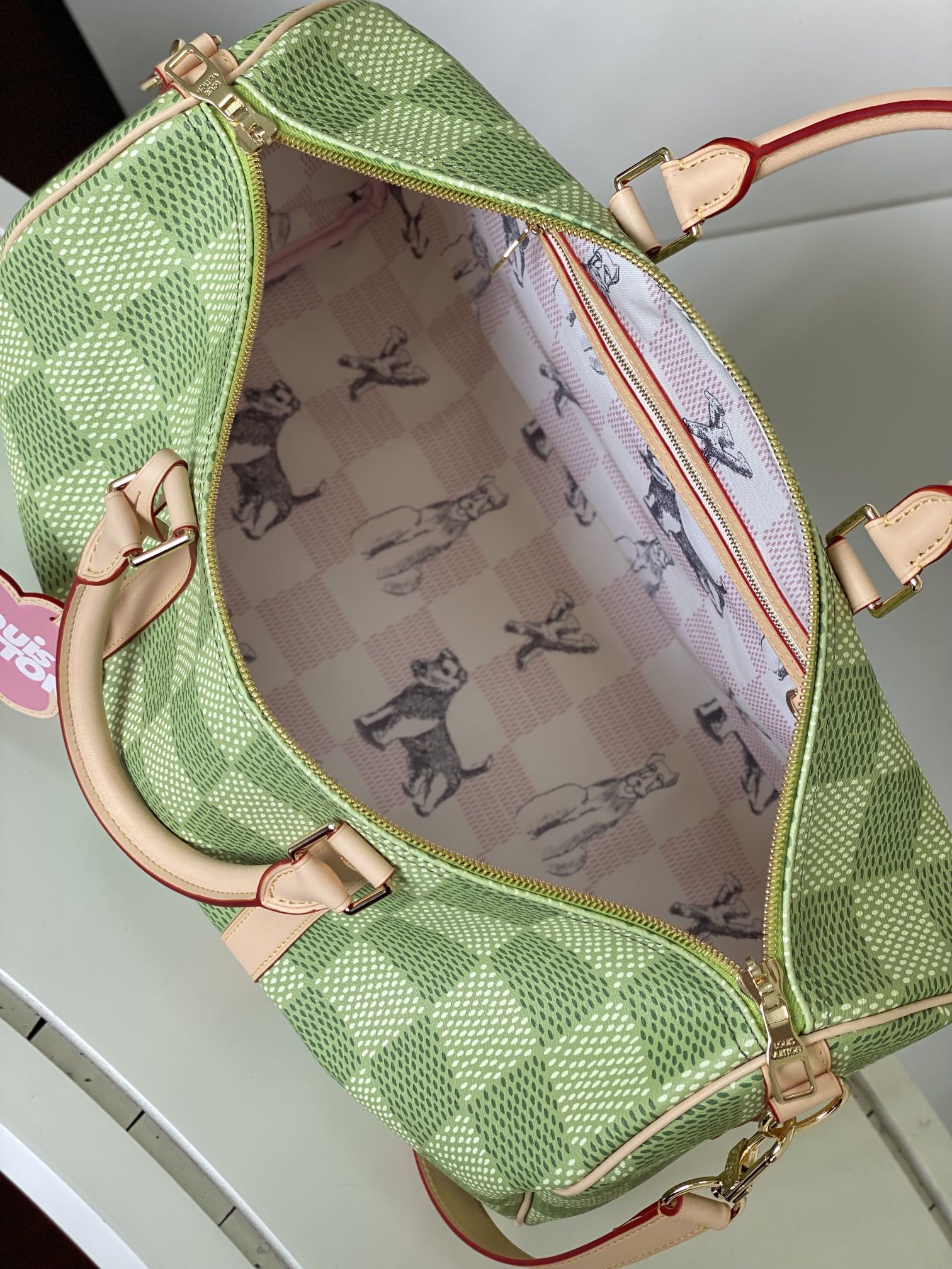 Louis Vuitton Classic Green Checkerboard Travel Duffle Bag with Leather Trim