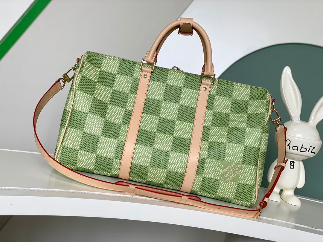 Louis Vuitton Classic Green Checkerboard Travel Duffle Bag with Leather Trim