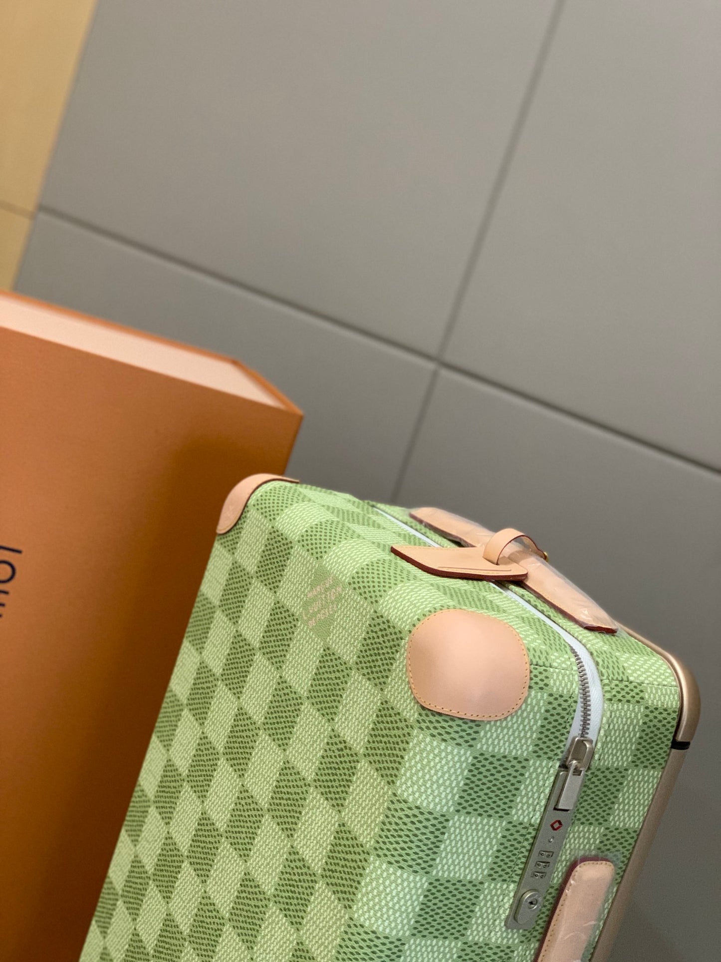 Green Checkered Spinner Suitcase with Leather Trim Carry-On Luggage