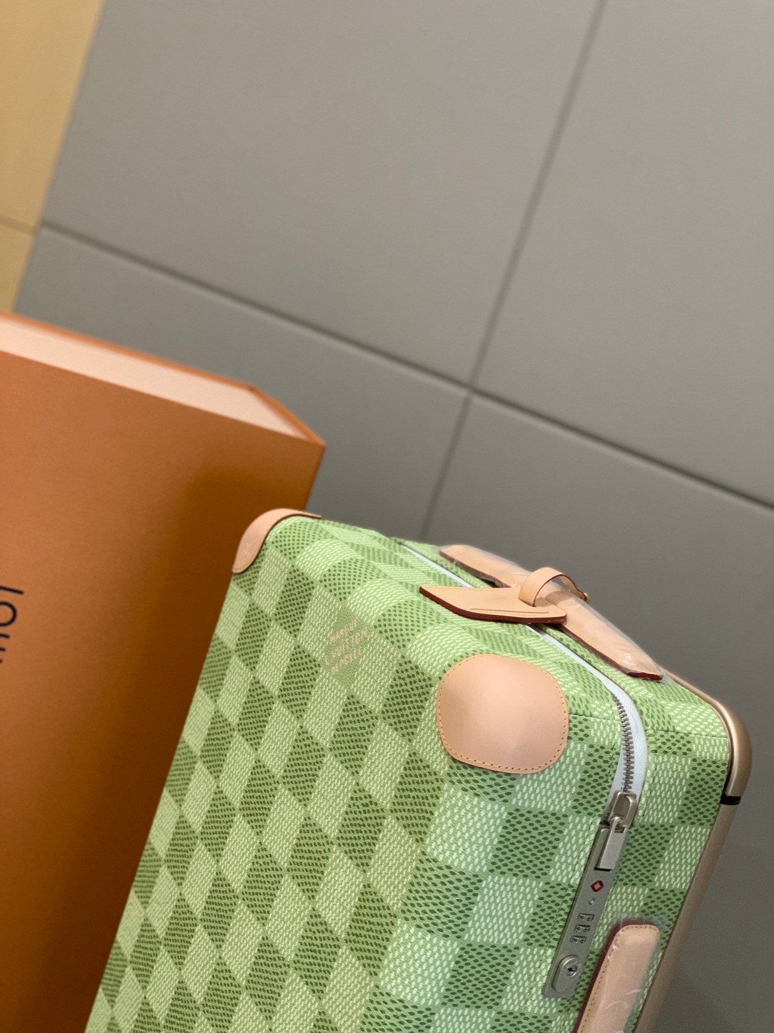 Green Checkered Spinner Suitcase with Leather Trim Carry-On Luggage