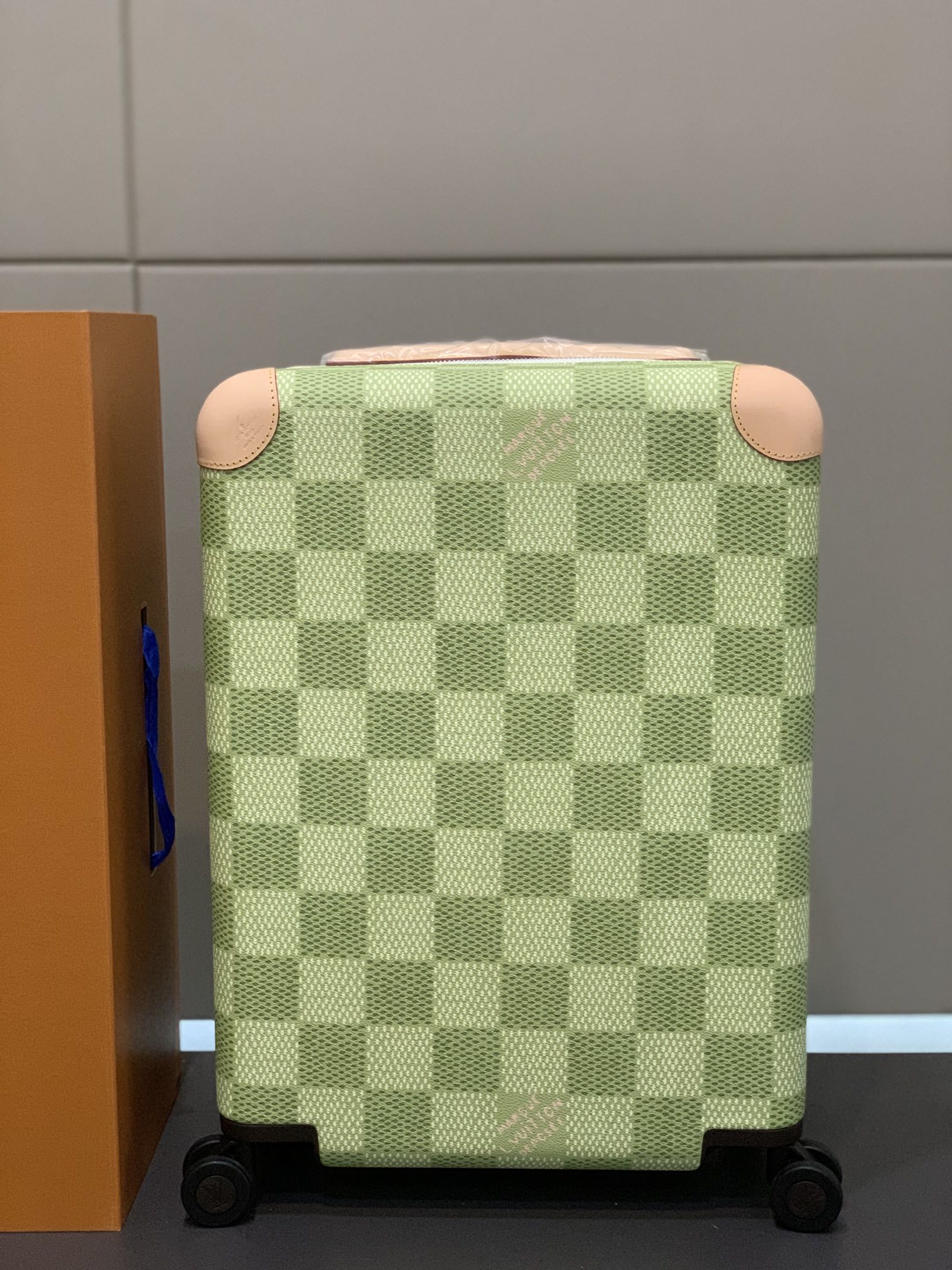 Green Checkered Spinner Suitcase with Leather Trim Carry-On Luggage