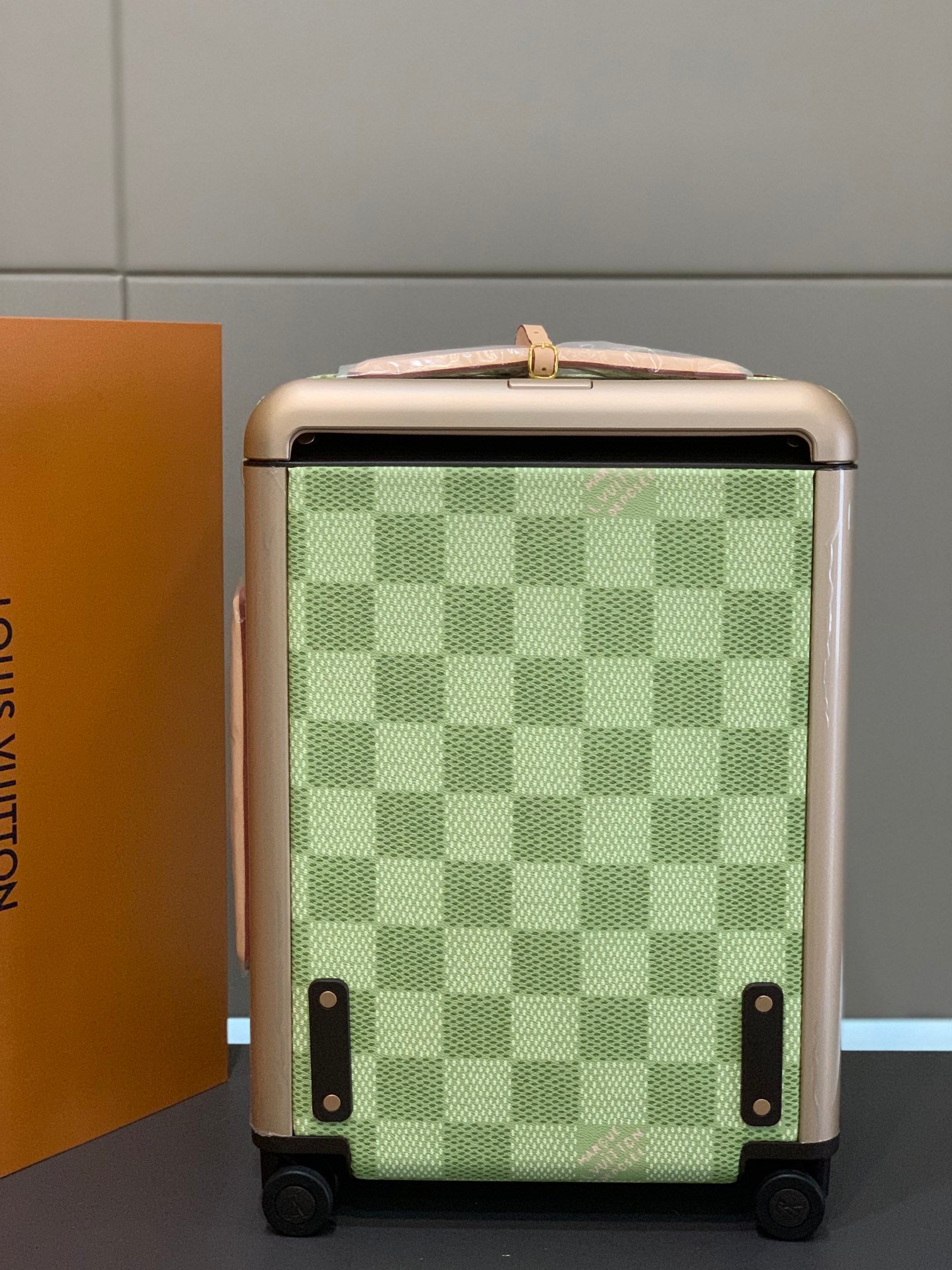 Green Checkered Spinner Suitcase with Leather Trim Carry-On Luggage