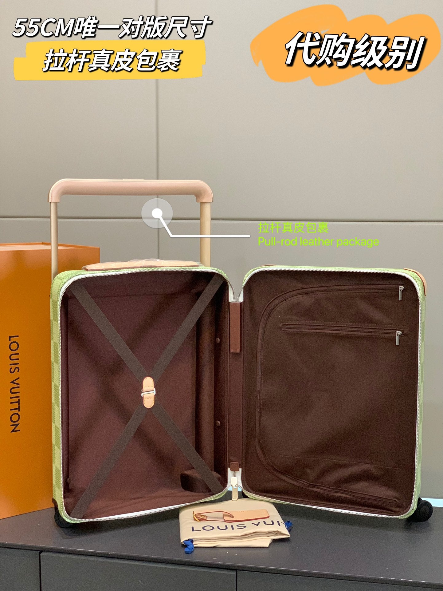 Green Checkered Spinner Suitcase with Leather Trim Carry-On Luggage