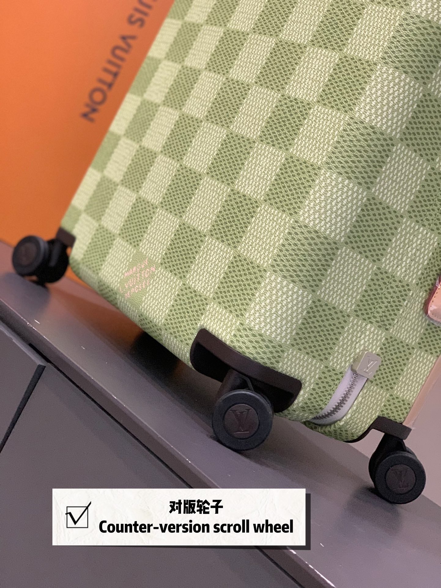 Green Checkered Spinner Suitcase with Leather Trim Carry-On Luggage