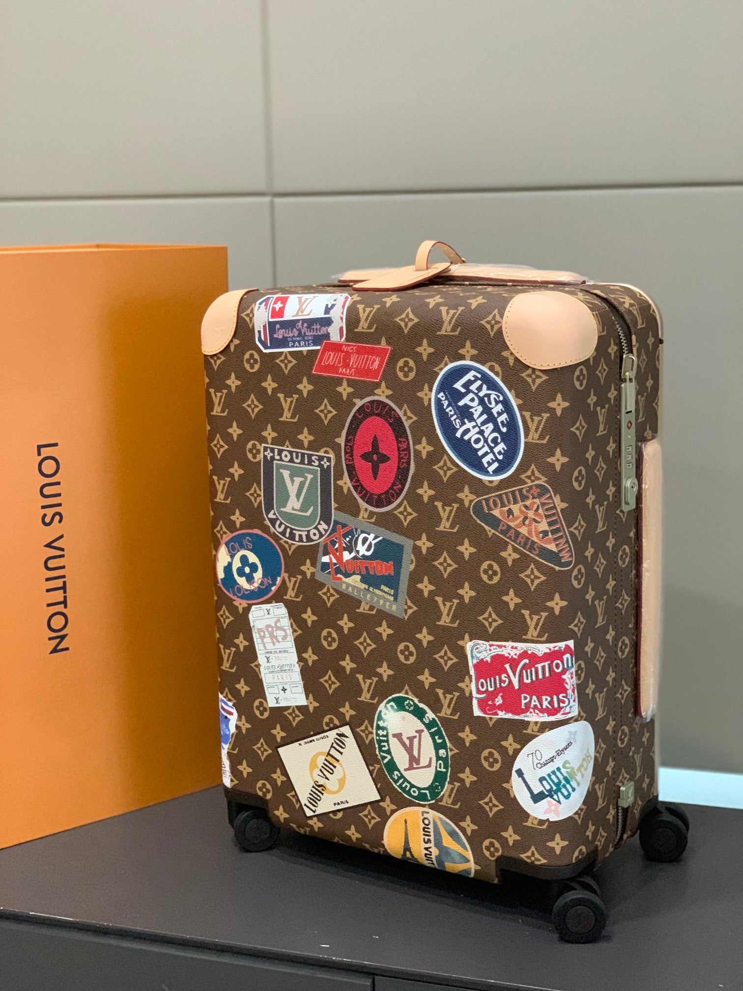 Vintage Monogram Rolling Luggage with Retro Travel Patches