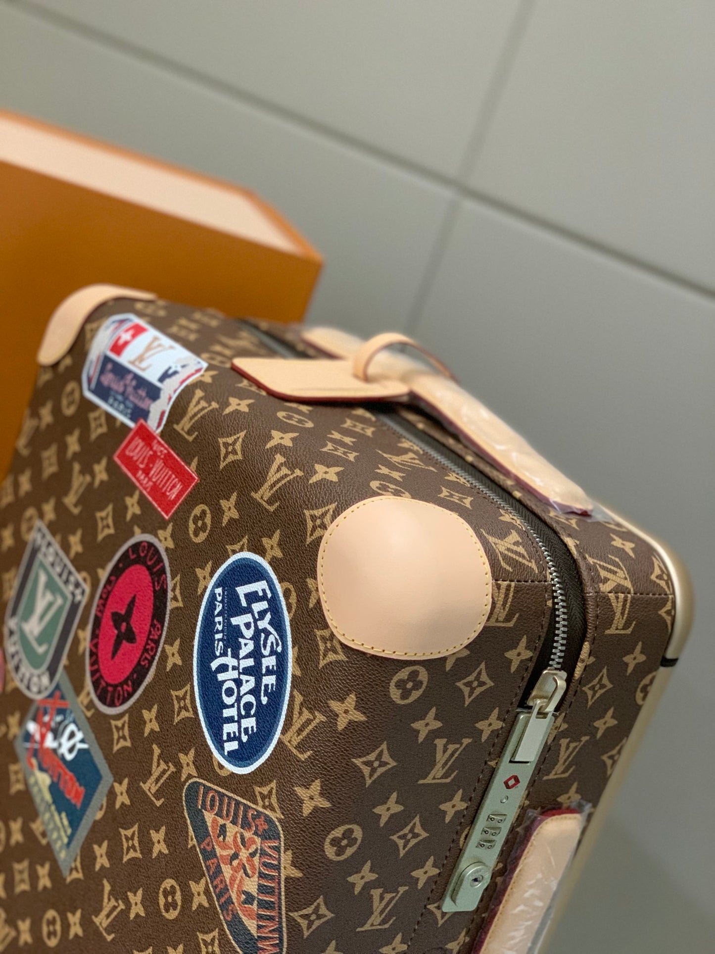 Vintage Monogram Rolling Luggage with Retro Travel Patches