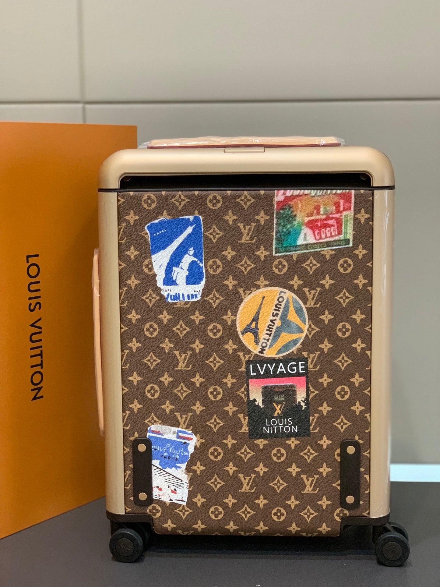 Vintage Monogram Rolling Luggage with Retro Travel Patches