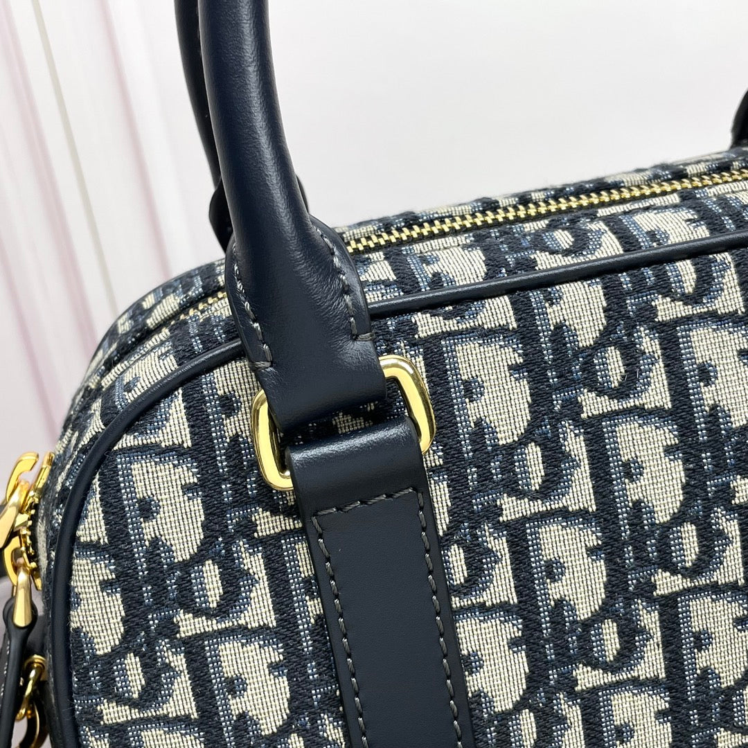 Dior Navy Blue Oblique Monogram Canvas Bowling Bag with Top Handles