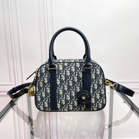 Dior Navy Blue Oblique Monogram Canvas Bowling Bag with Top Handles