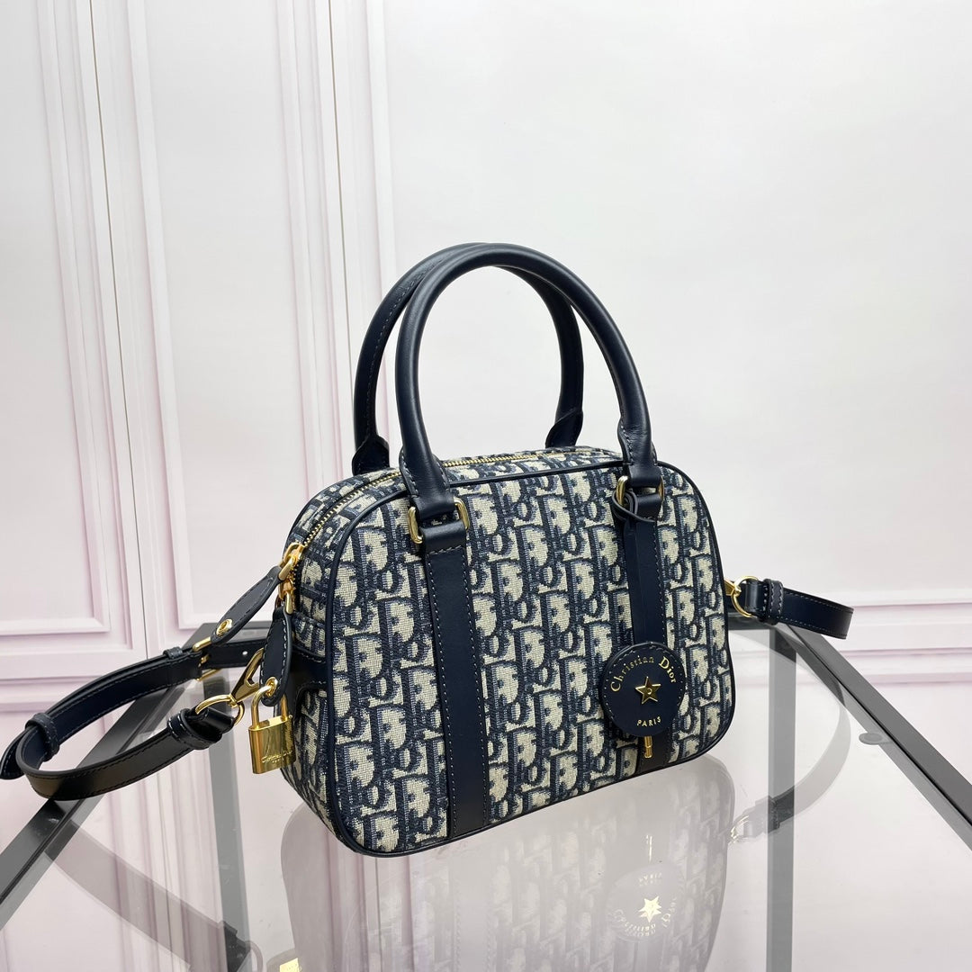 Christian Dior Oblique Jacquard Mini Bowling Bag - Blue and Beige Monogram