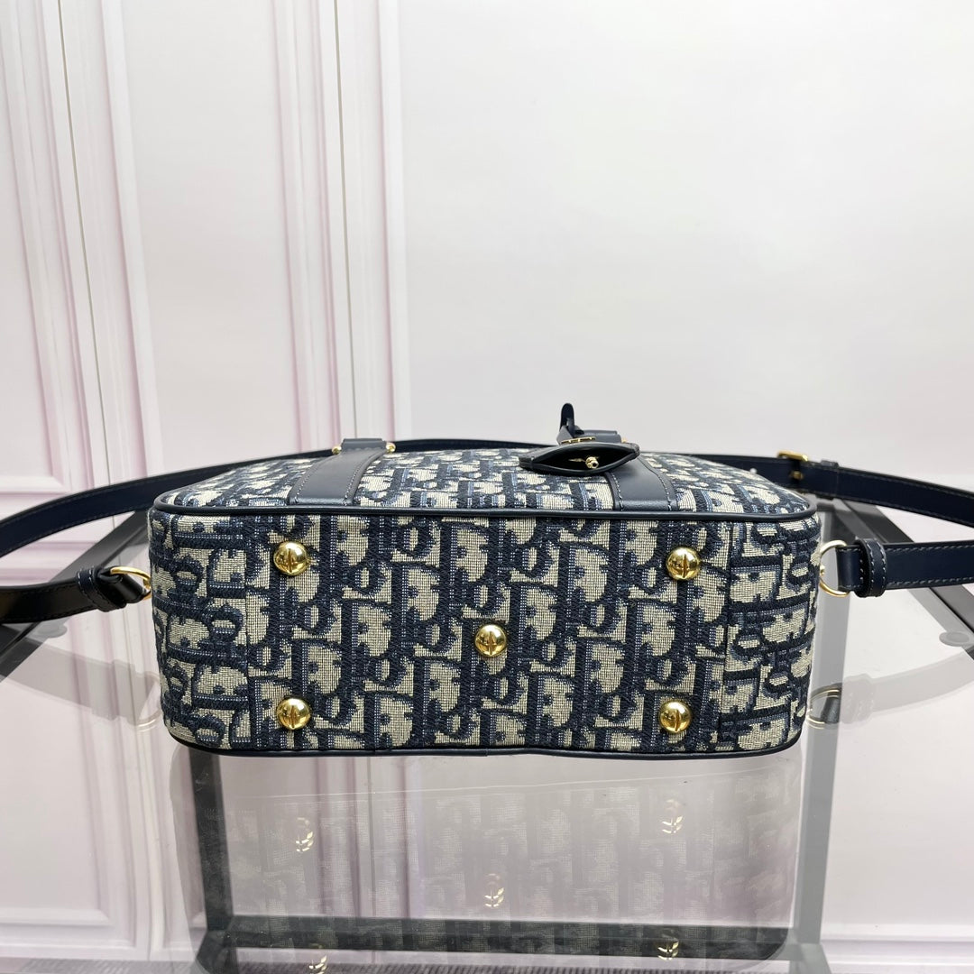 Dior Navy Blue Oblique Monogram Canvas Bowling Bag with Top Handles