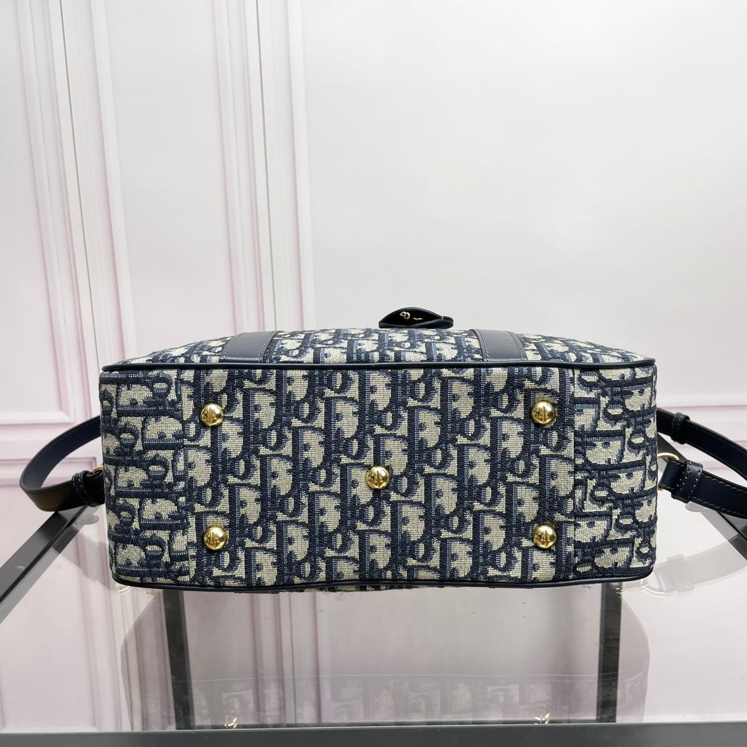 Dior Classic Navy Blue Monogram Canvas Satchel Bag with Top Handles