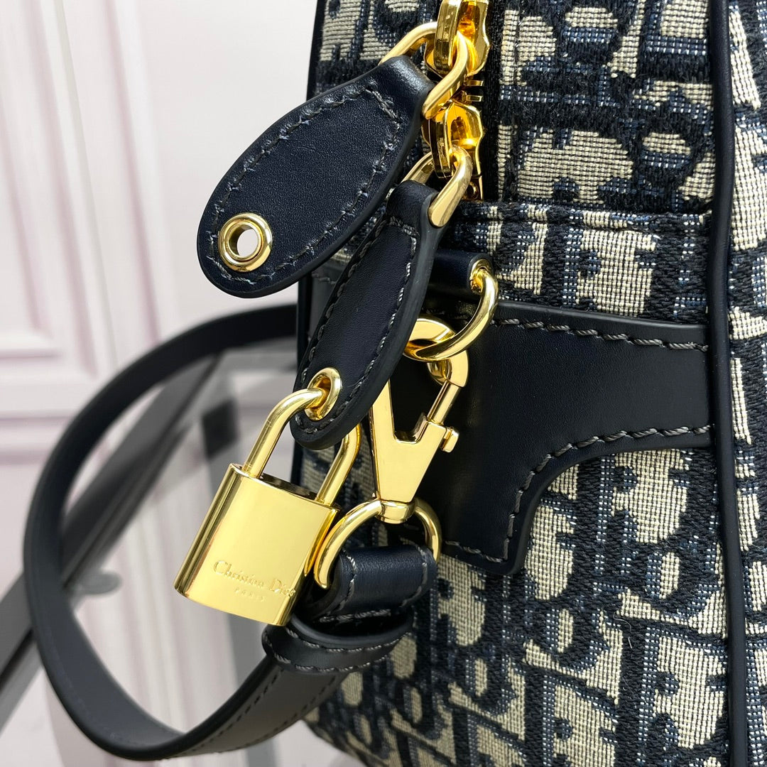 Dior Classic Navy Blue Monogram Canvas Satchel Bag with Top Handles