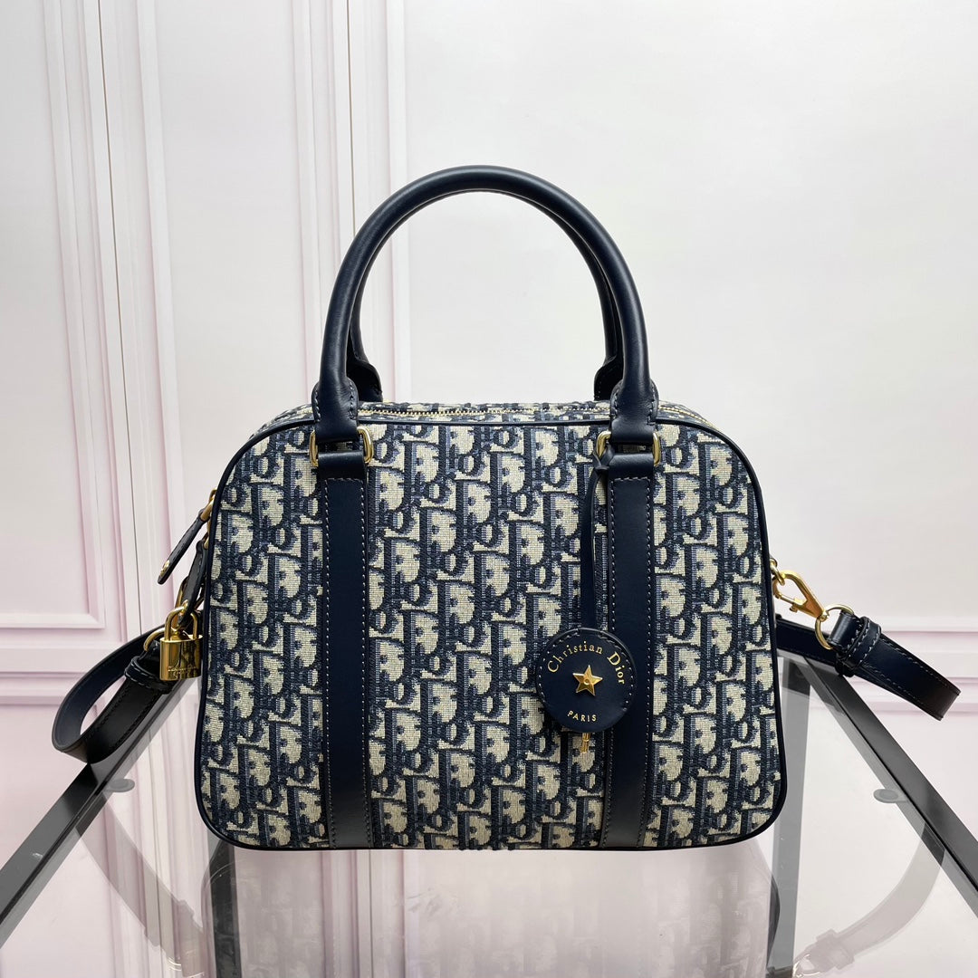 Dior Vibe Medium Bowling Bag - Blue Oblique Jacquard & Navy Leather