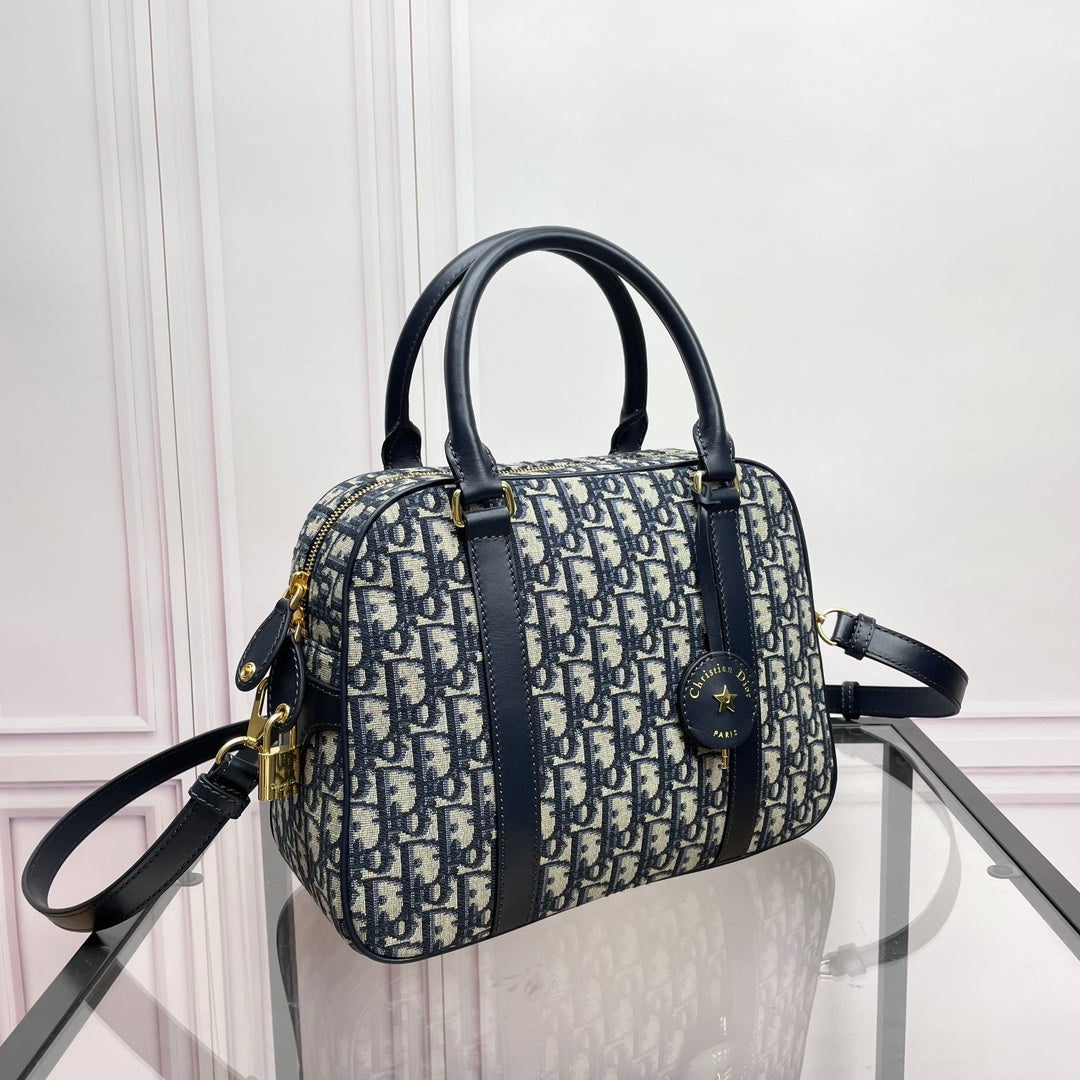 Dior Classic Navy Blue Monogram Canvas Satchel Bag with Top Handles