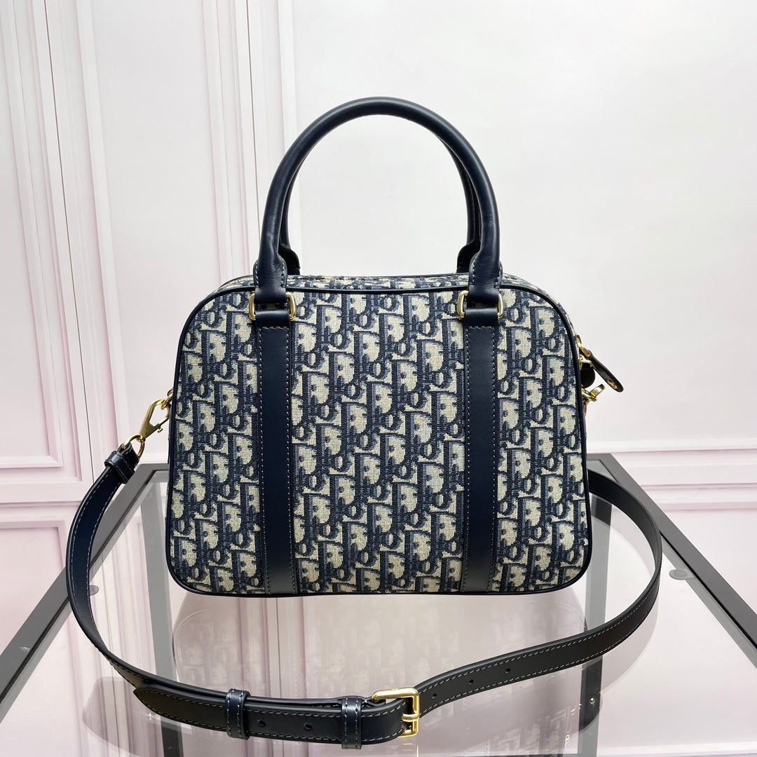 Dior Classic Navy Blue Monogram Canvas Satchel Bag with Top Handles
