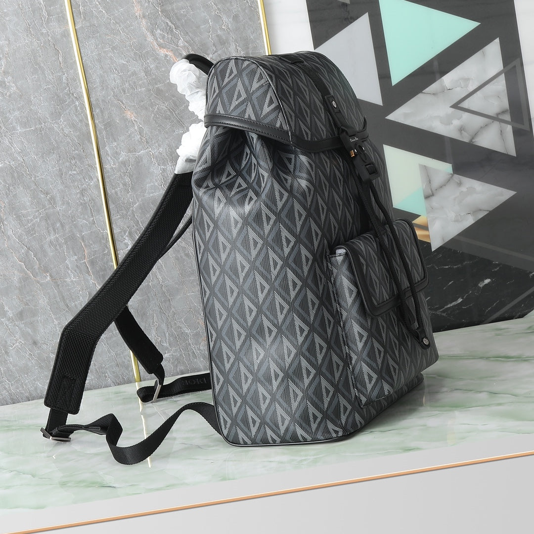 Dior Grey Geometric Diamond Print Flap Backpack with Buckle Strap