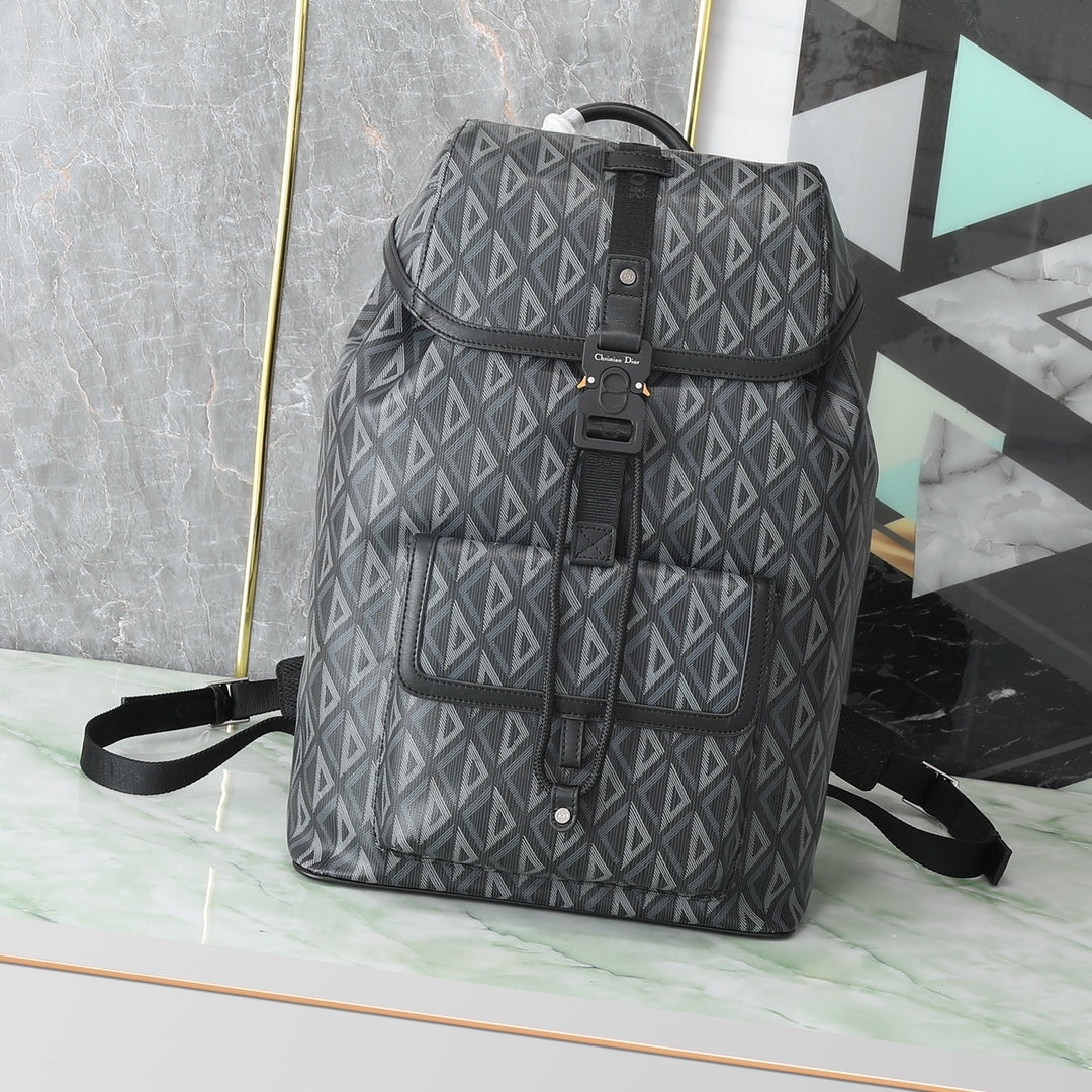 Dior Grey Geometric Diamond Print Flap Backpack with Buckle Strap